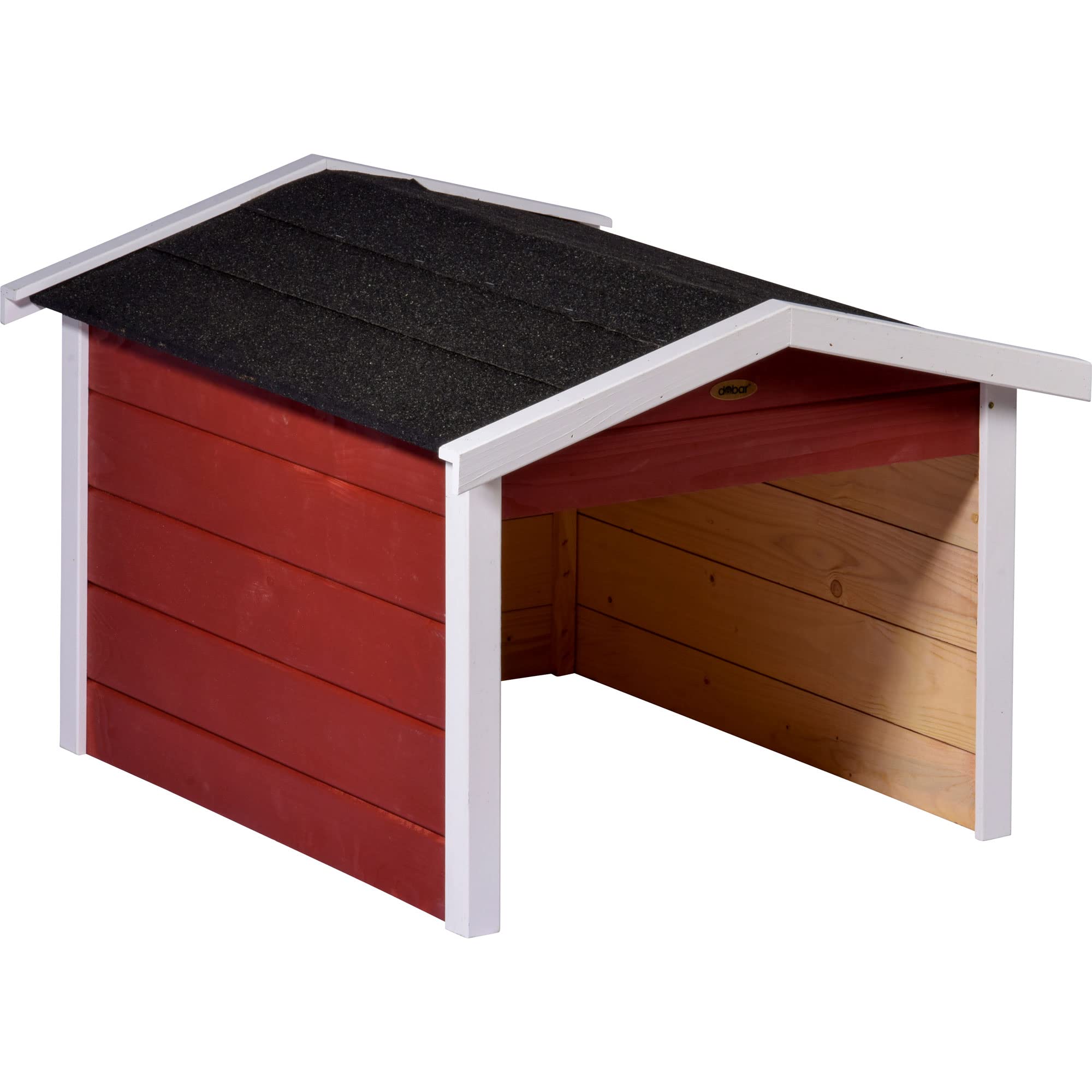 dobar® Garaż dla robota koszącego z drewna jako zestaw do montażu – schronienie dla robota koszącego z dachem bitumicznym – 76 x 68 x 52 cm – czerwony/biały