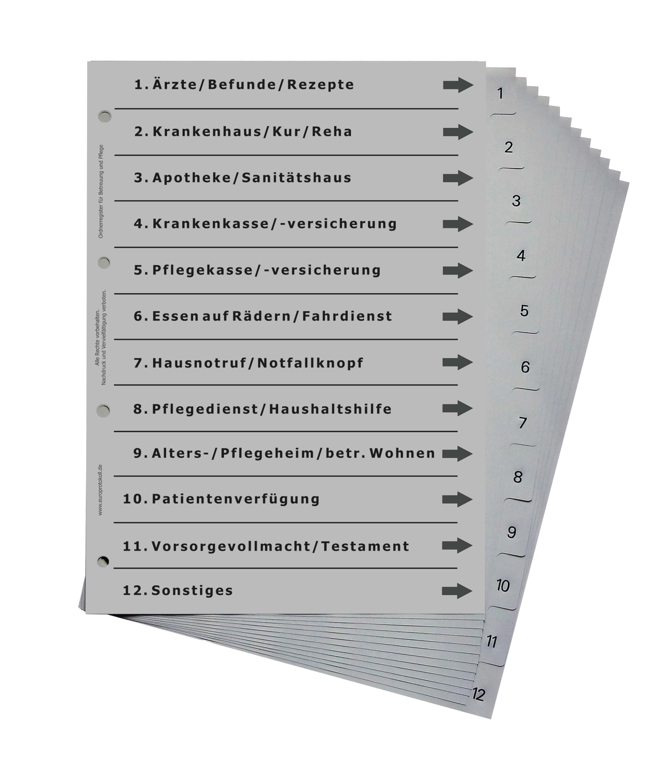 14er Komplett-Set Ordnerregister für Ordnung in allen Bereichen wie z.B. Gesundheit, Pflege, Finanzen, Eigenheim, Haustiere, Immo, Kfz, Kinder, Personal, PV, Rezepte, Steuern, Vers., Dokumente