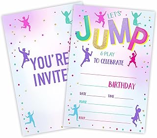 Let's Jump & Play! Birthday Invitations, Trampoline Birthday Party Invite Cards（20 Count) With Envelopes, Fill In Style Invite Cards For Boys & Girls, Birthday Party Supplies-B02