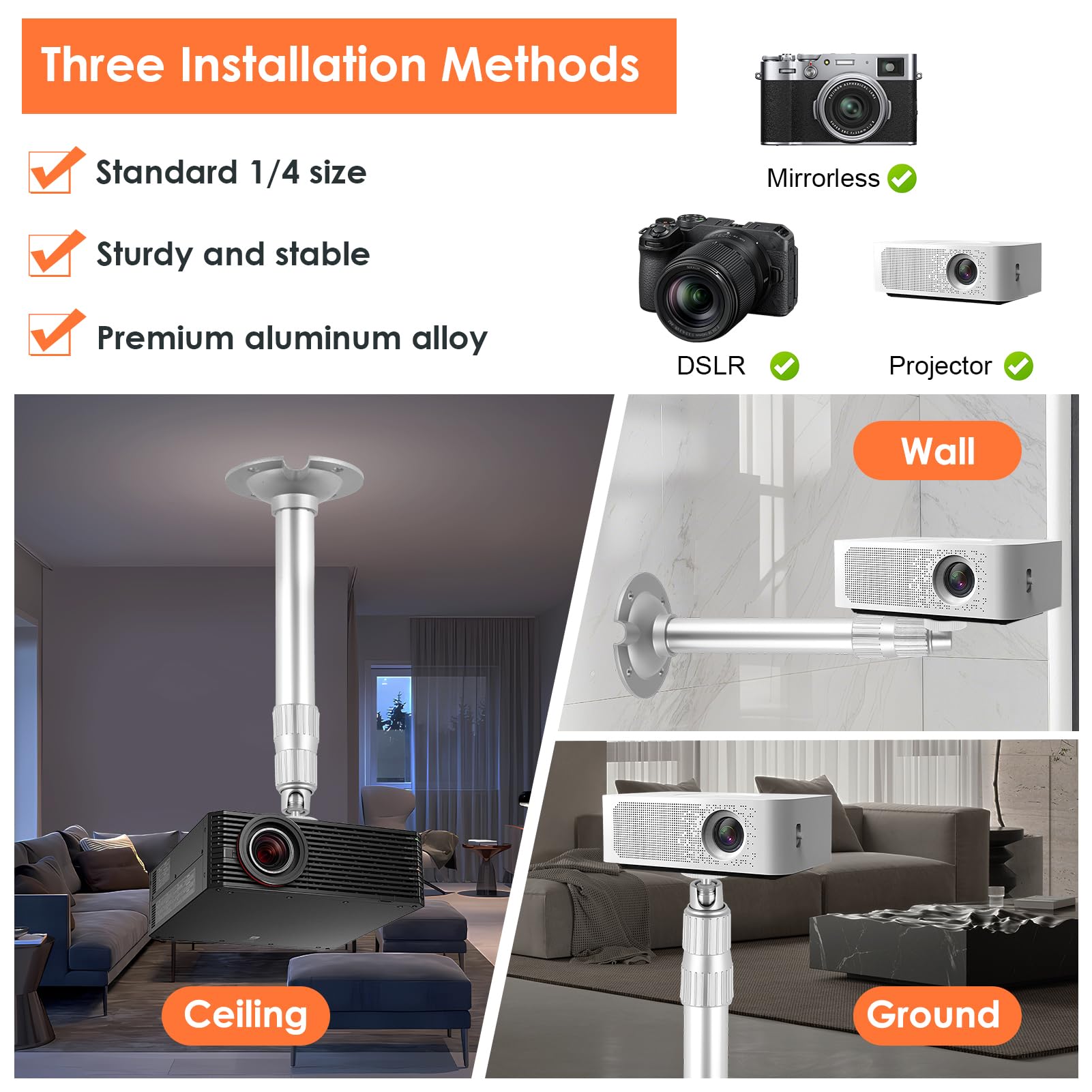 Supporto da soffitto universale in alluminio per mini proiettore, inclinazione e rotazione a 360°, installazione facile e robusta fino a 5 kg, ideale per ufficio, parete e soffitto