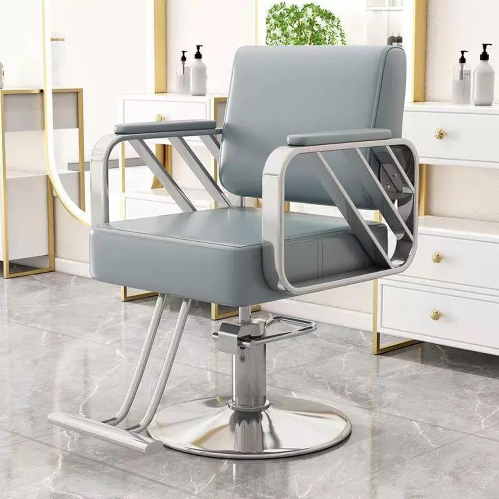 Poltrona Barbiere Uomo con Poggiapiedi Sollevamento Idraulico e Rotazione Ergonomia Telaio In Acciaio Inox Pelle Poltrona Parrucchiere con Base a Disco Argentata e Braccioli Rinforzati(Blue)