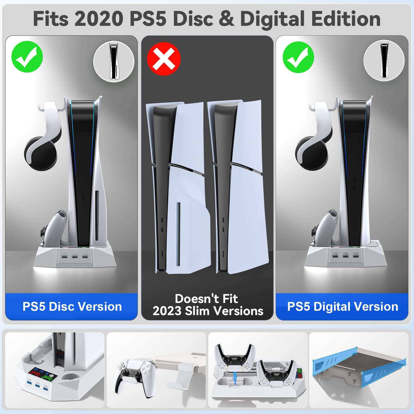 Tokluck Supporto Parete per PS5 con Raffreddamento, Base di Ricarica per PS5 Controller, Supporto per PS5 Muro con Supporto per Controller e 3 USB HUB