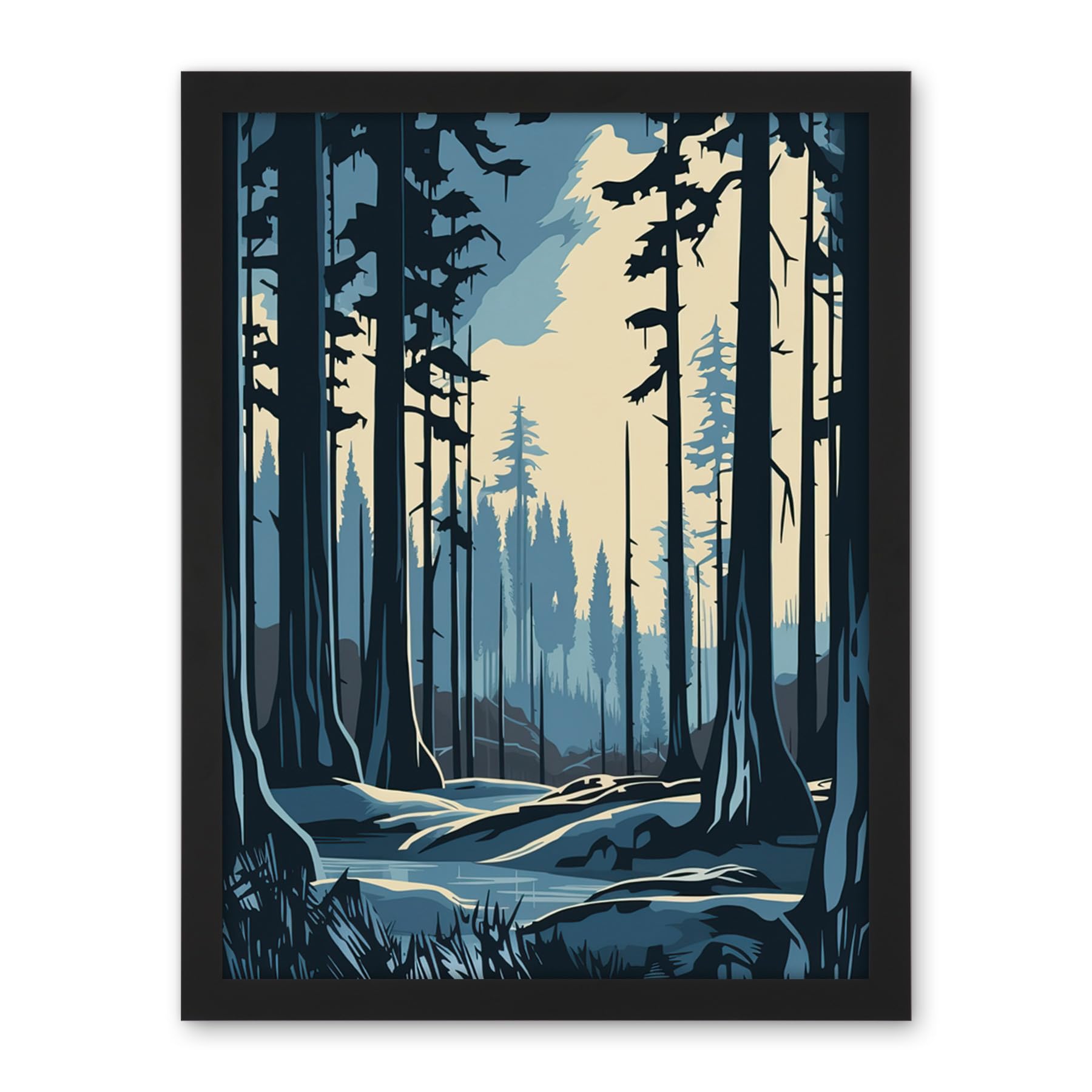 Artery8 Taiga Boreal Forest Winter Landscape Illustration Artwork Framed Wall Art Print 18X24 Inch
