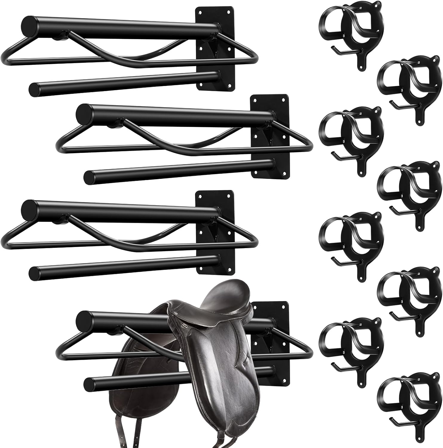 Paterr 12 Pack Saddle Rack Wall Mount with Pad Bar Horse Bridle Rack Metal Bracket Bridle Hooks Detachable Portable Saddle Stand Tack Storage for Western Horse Trailer Stall Supplies Accessories