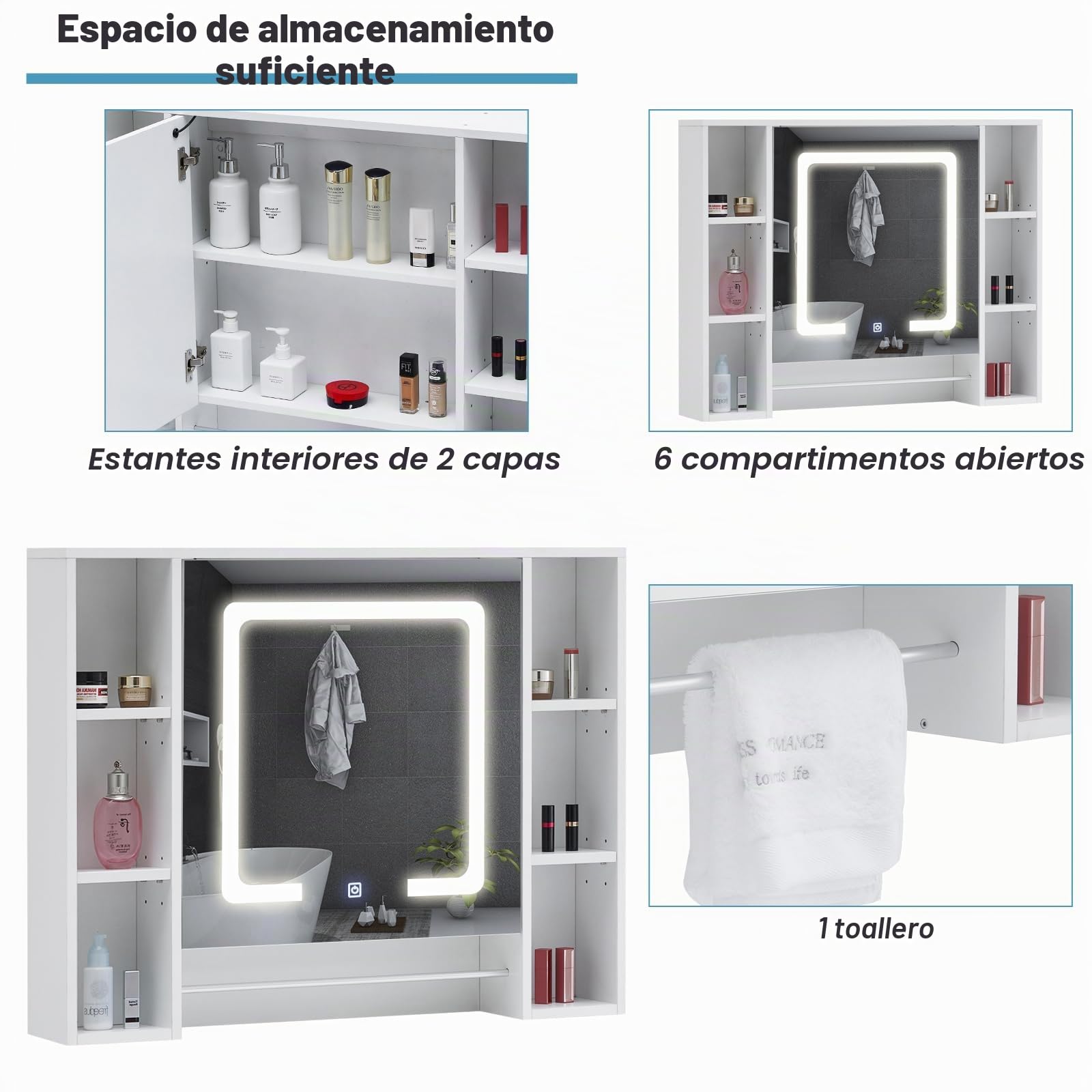 Armario de Baño Espejo con luz LED y toallero 6 Almacenamiento Abierto, Armario de Almacenamiento montado en la Pared, gabinete de Pared de 1 Puerta con estantes Ajustables, Muebles de baño y Ducha
