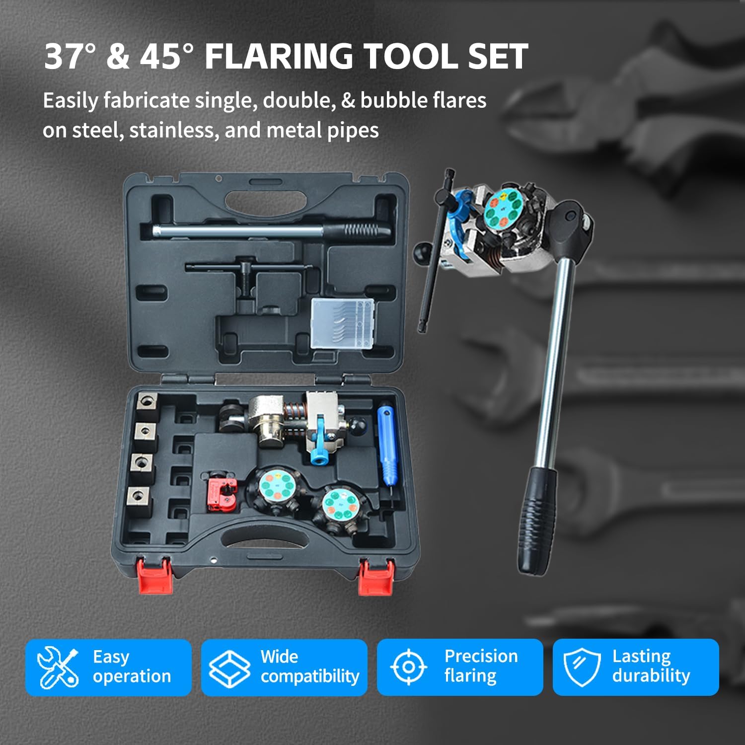Angchun Brake Line Flaring Tool Kit, 45 & 37 Degree Flaring Tool Set, Single Bubble Double Flare Tool Kit for Brake Lines, Professional Brake Flare Tool Kit for 3/16" 1/4" 5/16" 3/8" Tubes