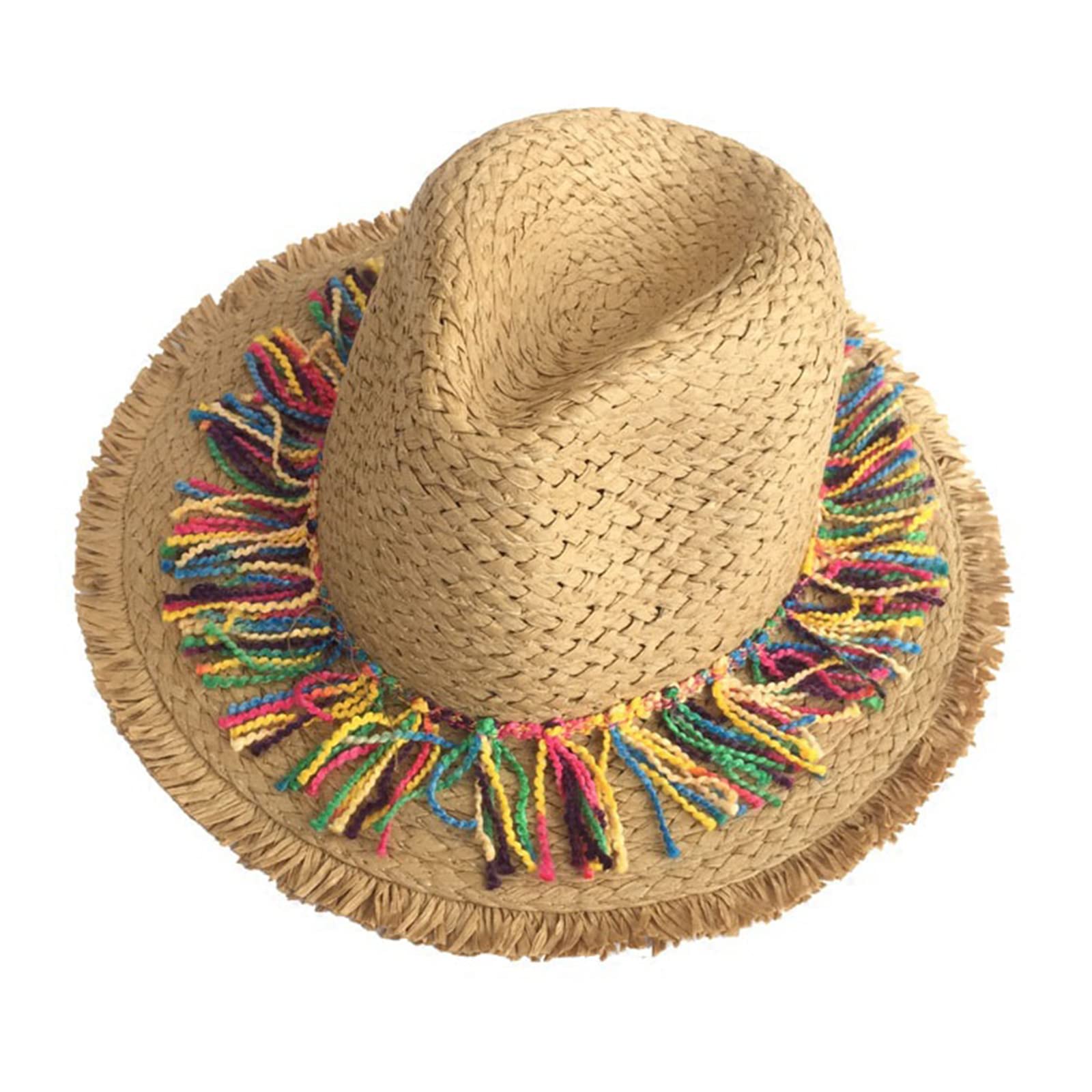 caoxhenrSombrero mexicano, sombrero de paja de ala ancha para la playa con borla colorida, sombrero de paja mexicana con sombrero de paja Fedoras