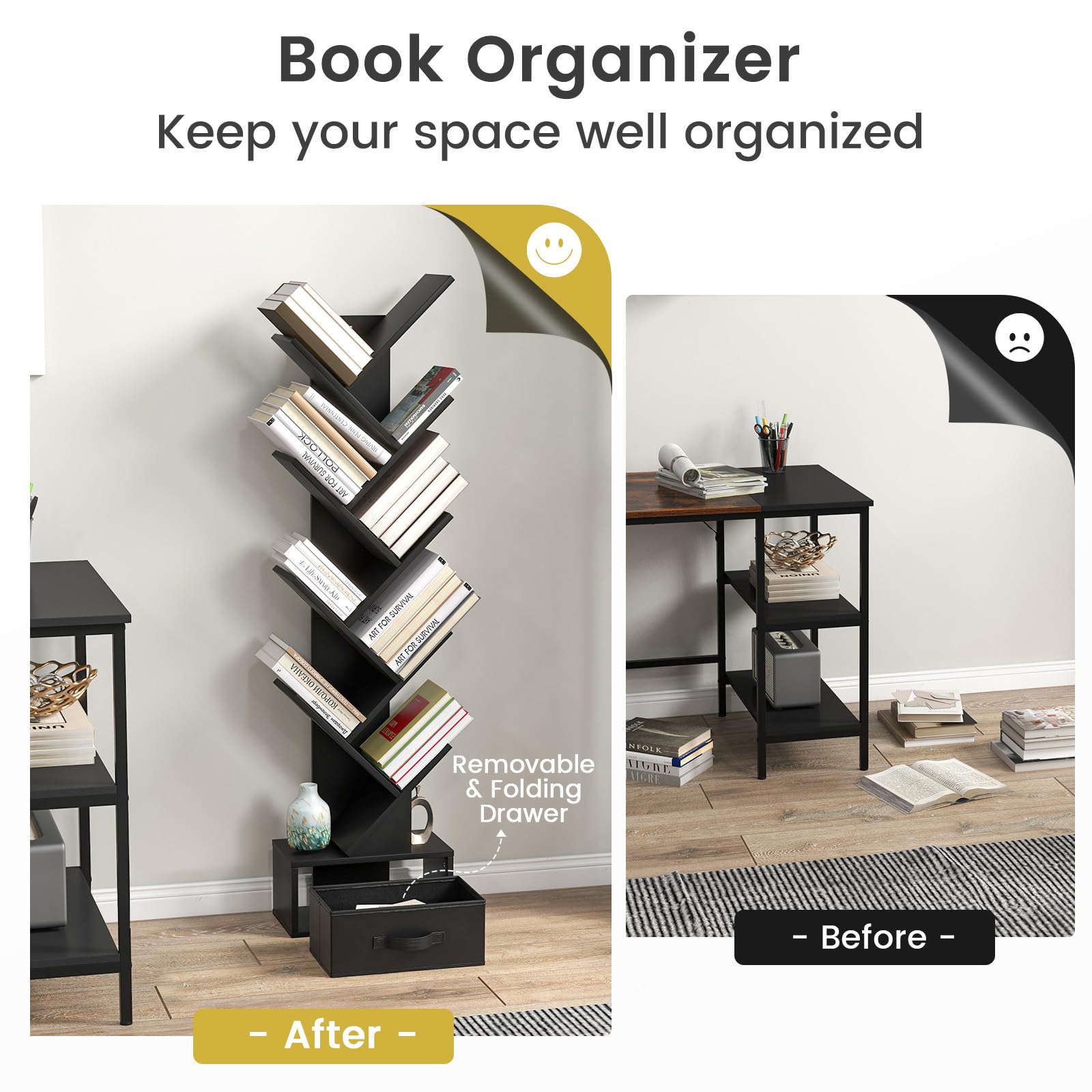 GIANTEX Libreria ad Albero, a 8 Ripiani, Scaffale per Libri con Cassetto Rimovibile, Design di Antiribaltamento, Organizzazione per CD, Riviste, Libri, 38x20x149,5 cm, 4 Colori (Nero)