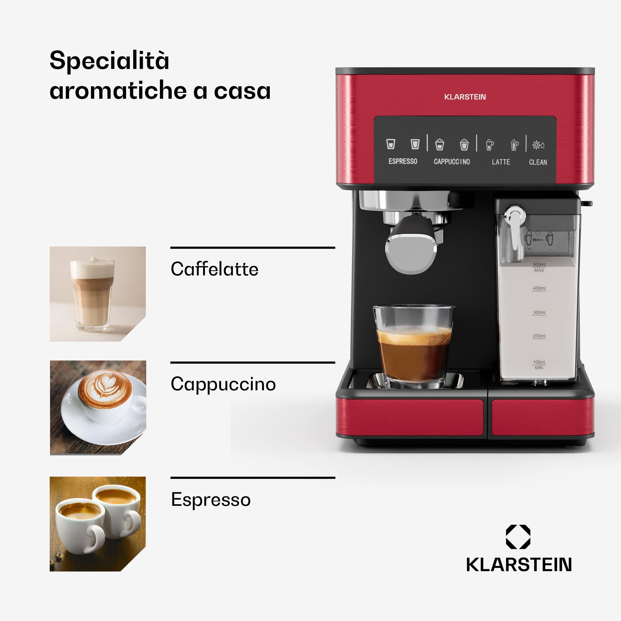 KLARSTEIN Arabica Comfort Macchina per Caffè – 20 Bar, 1350W, con Montalatte, Compatibile con Caffè Macinato & Cialde, Serbatoio 1,8L, Pannello Touch, Serbatoio Latte Rimovibile