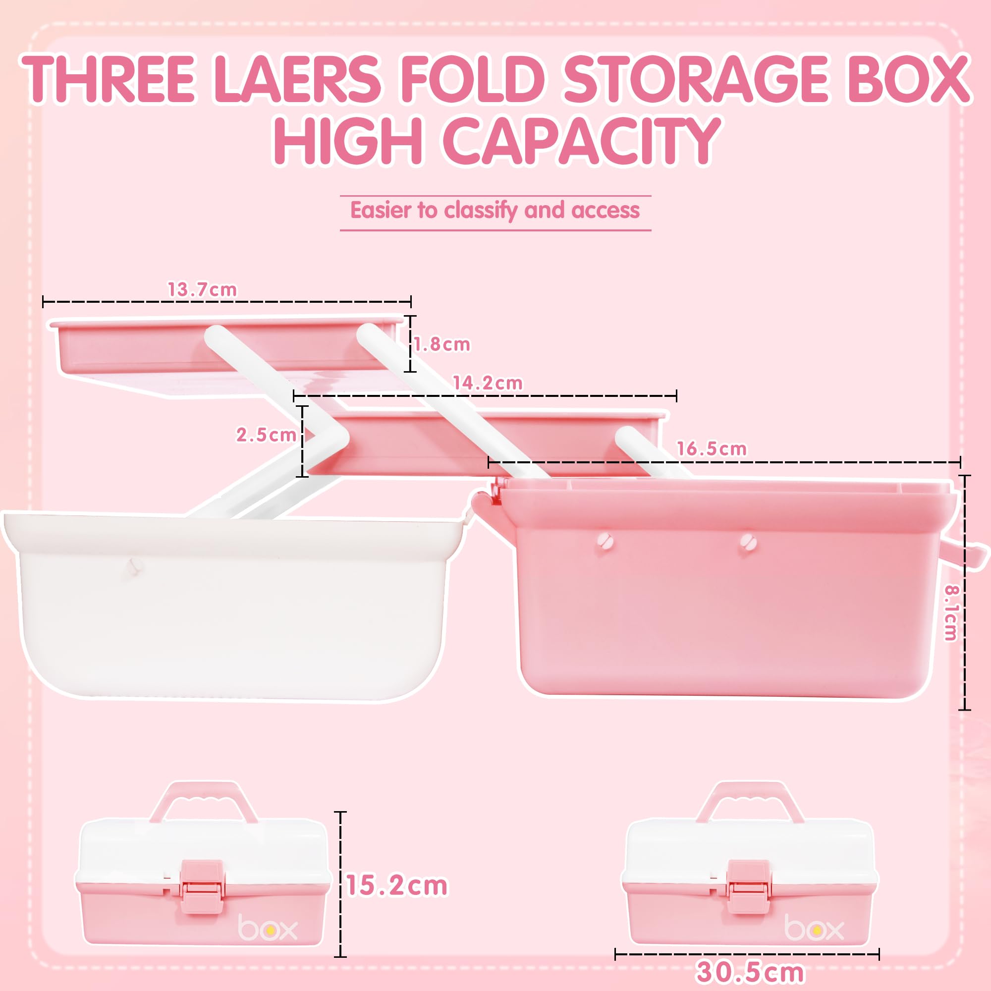 Creahaus Scatola portaoggetti multiuso da 30,5 cm, organizer, cassette degli attrezzi, valigetta per arti e bricolage, per cucito, organizer, scatola medica, cassetta di pronto soccorso(rosa bianco)