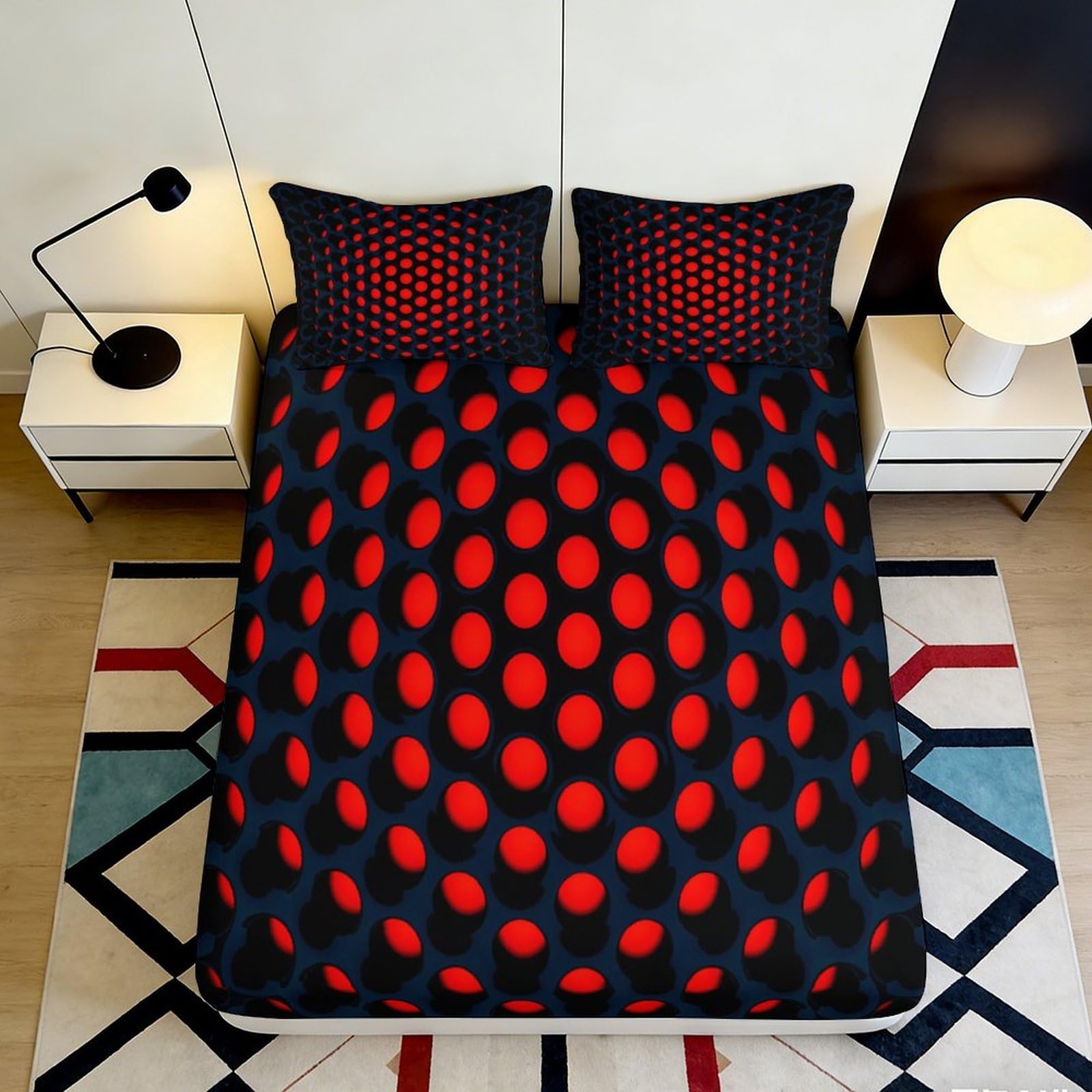 3D Printed Red Optical Illusion Fitted Sheet Microfiber Soft Black Geometric Mattress Cover for Bedroom Guest Room Decor 90x200x25cm