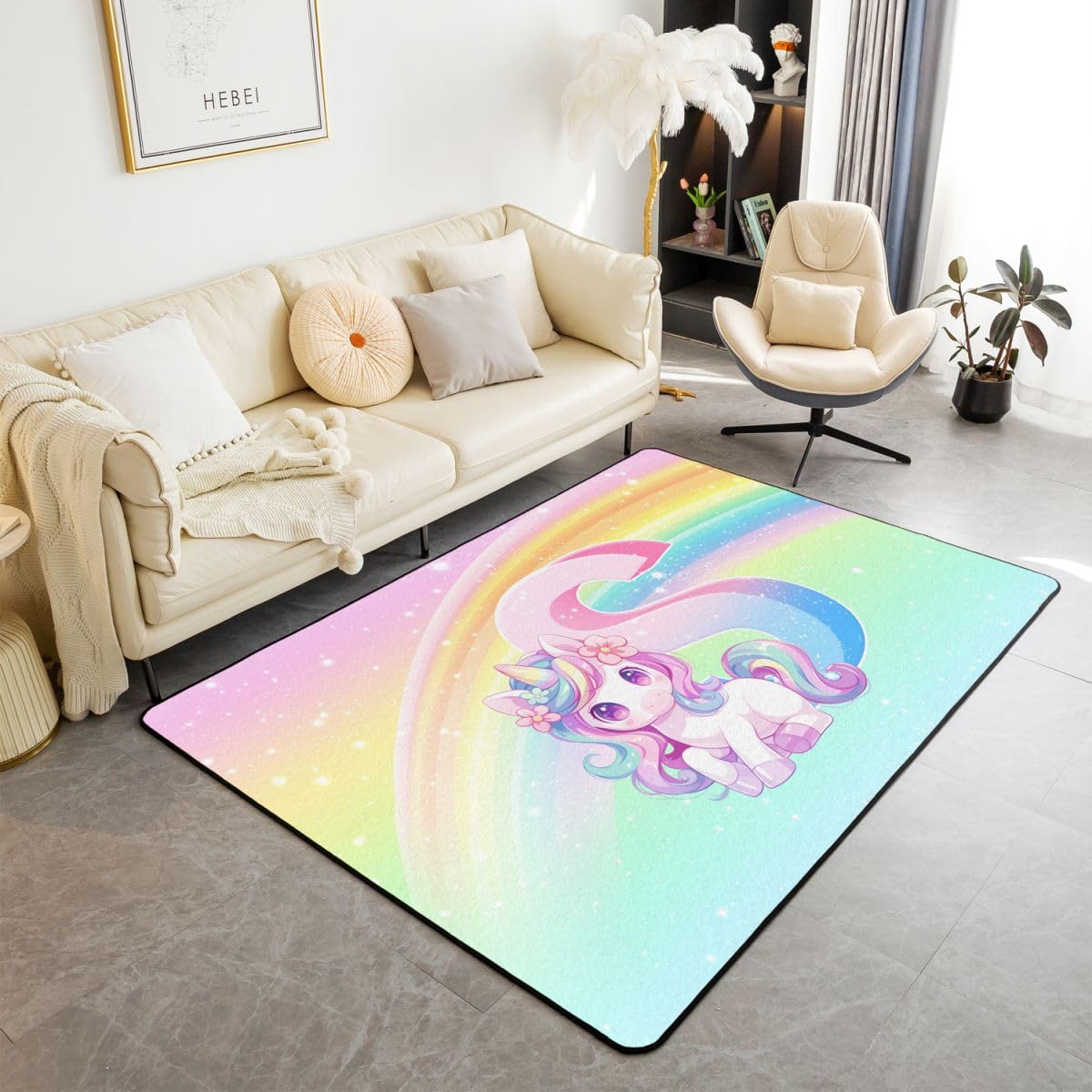 Tapis doux antidérapant licorne 150x200cm facile à laver pour espace de jeu enfant