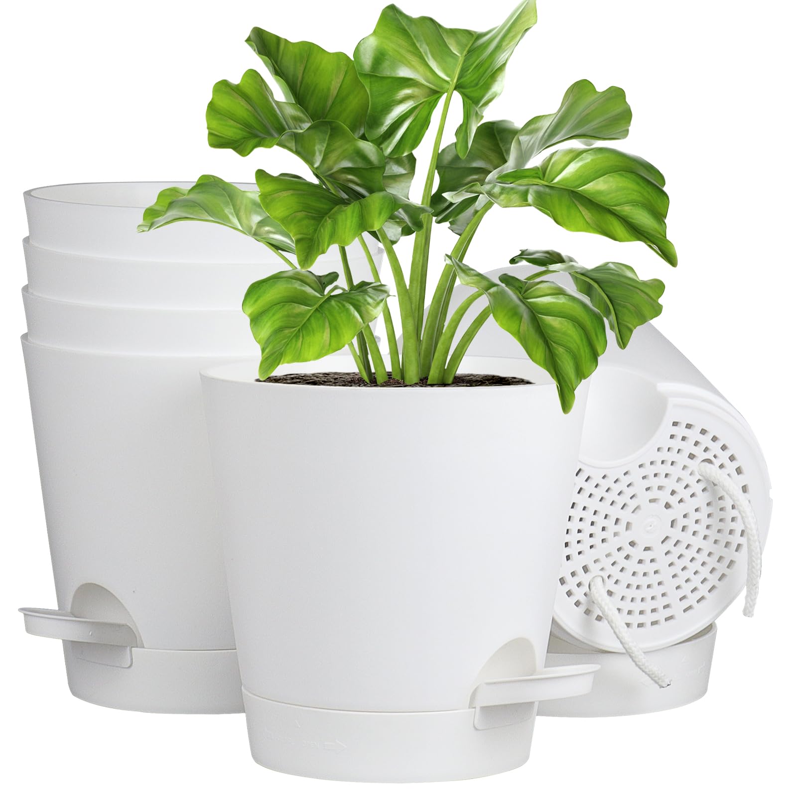 Homeuouz 6 Packs Blumentopf Selbstbewässernd, 15.2cm Pflanzentopf mit Bewässerungssystem, Übertopf mit Untersetzer, Blumentöpfe Set Ideal für Innen und Balkongärten, Weiß