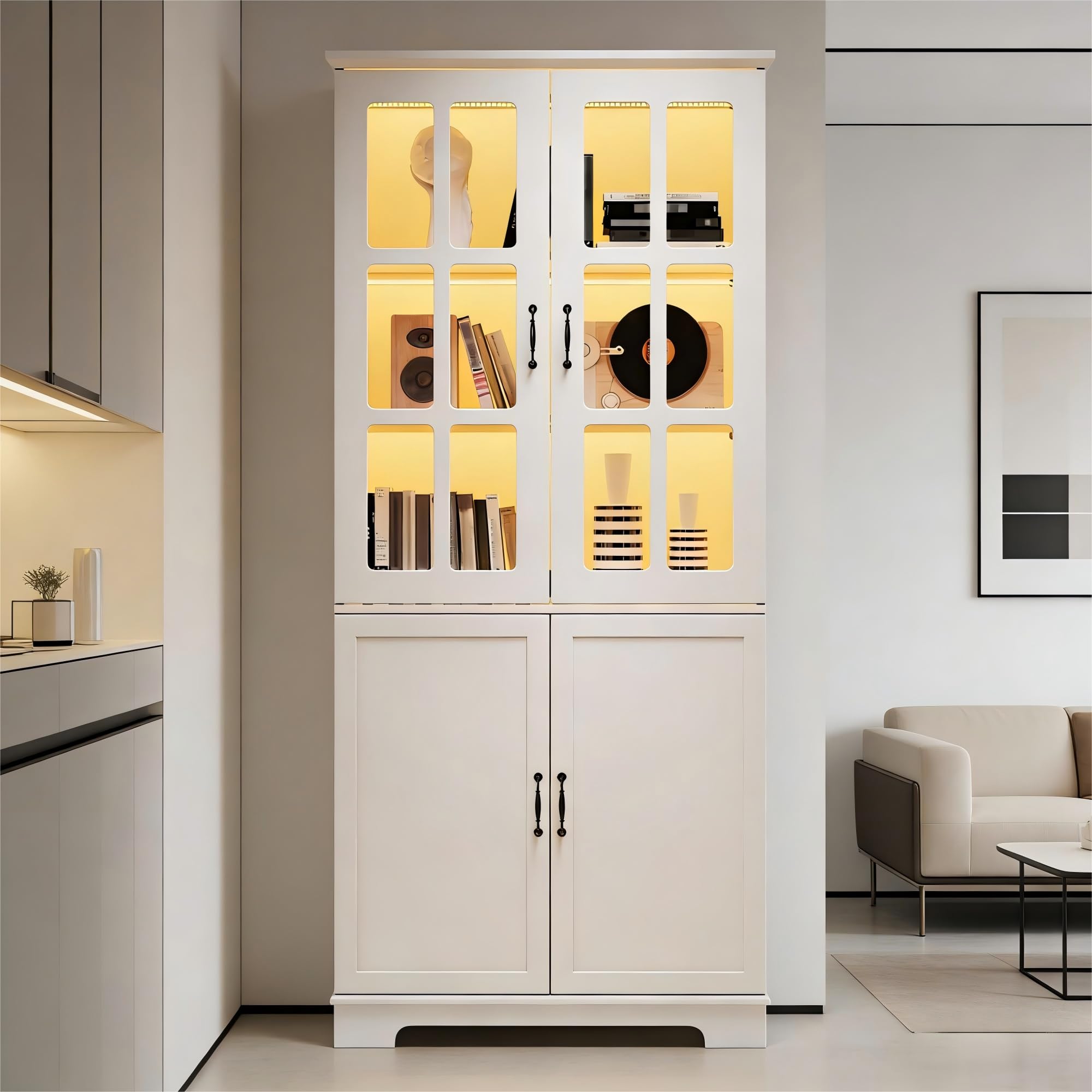 Armario alto con 2 rejas de cristal y 2 puertas completas, 80 x 38 x 180 cm, color blanco, estantería con 5 niveles, tablero de partículas, armario de vitrina estilo rústico para salón y
