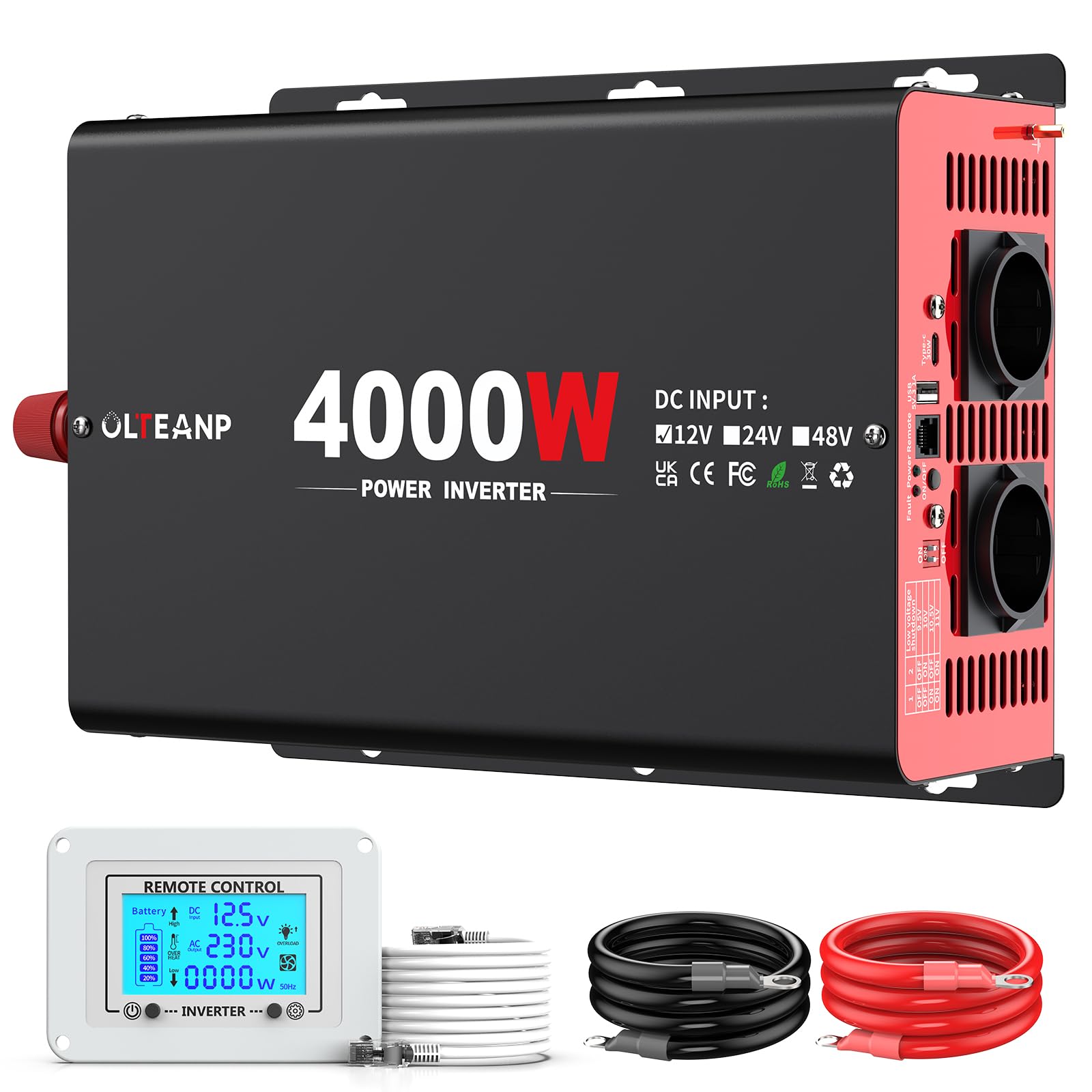 Inversor De Corriente De 4000 W (12 V CC a 230 V Ca) para Coche con 2 Salidas De Ca, Puerto Tipo C De 30W, Puerto USB De 3,1 A y Control Remoto En Pantalla LCD. Convertidor De Potencia para Camión