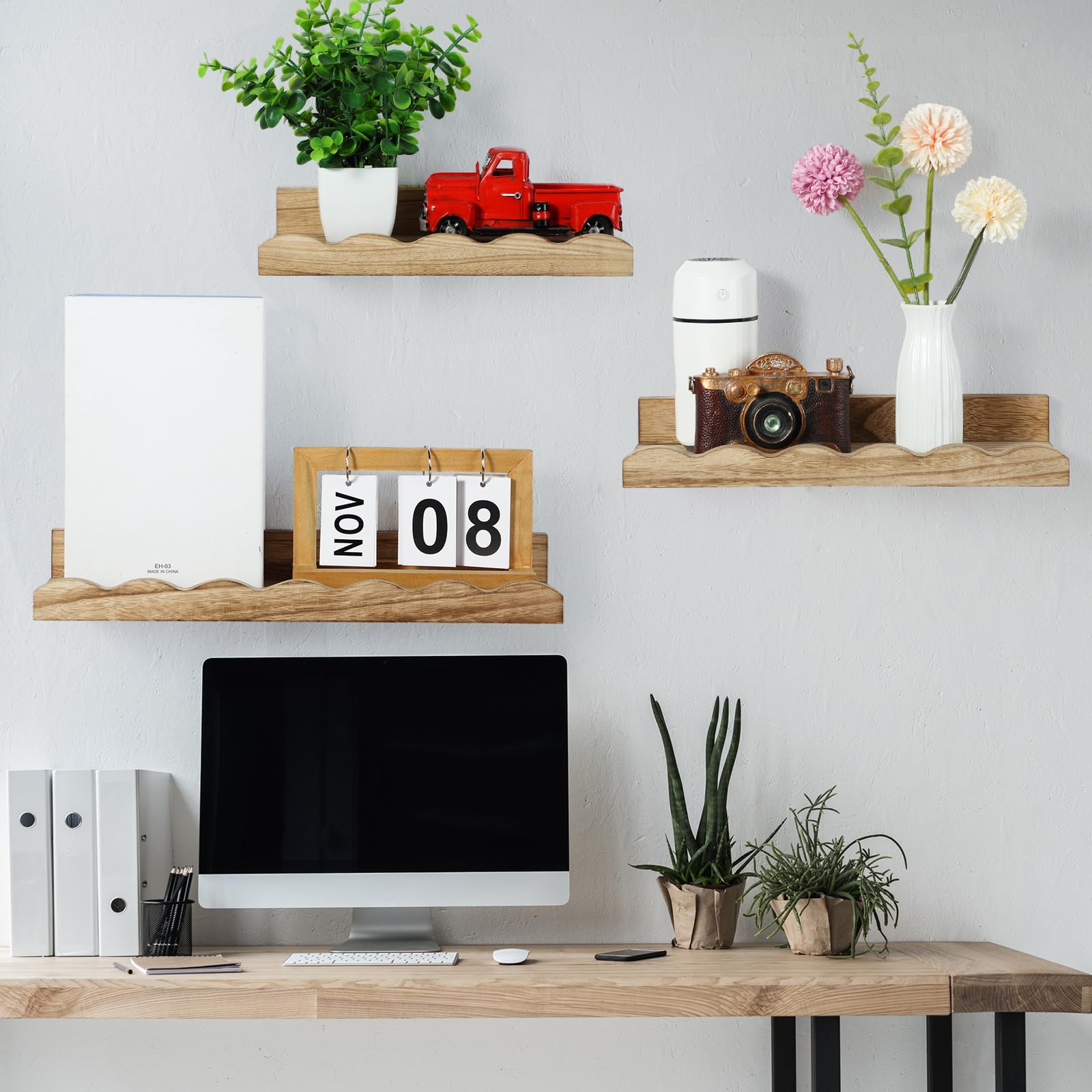 Suzile Set of 4 Floating Nursery Book Shelves Kids' Bookshelf Wood Floating Bookshelves Picture Ledge Shelf for Wall Bathroom Bedroom Nursery Room Decor Books Toys Photo Storage (Carbonized Black)