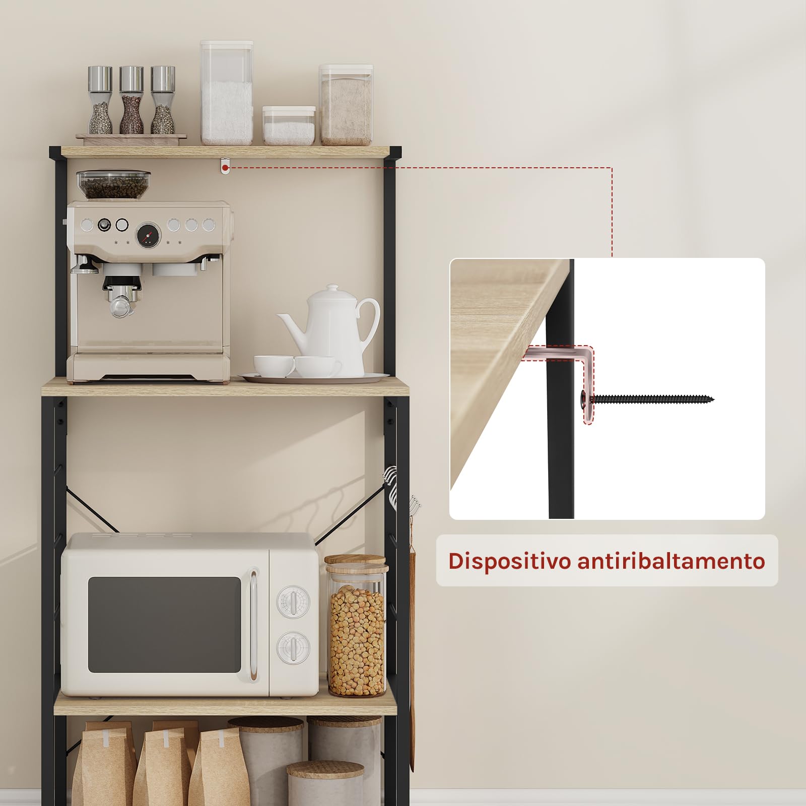 WOLTU Scaffale per Cucina in Acciaio Legno 4 Ripiani Carrello per Microonde Scaffalature Organizzatore 60x40x123 cm