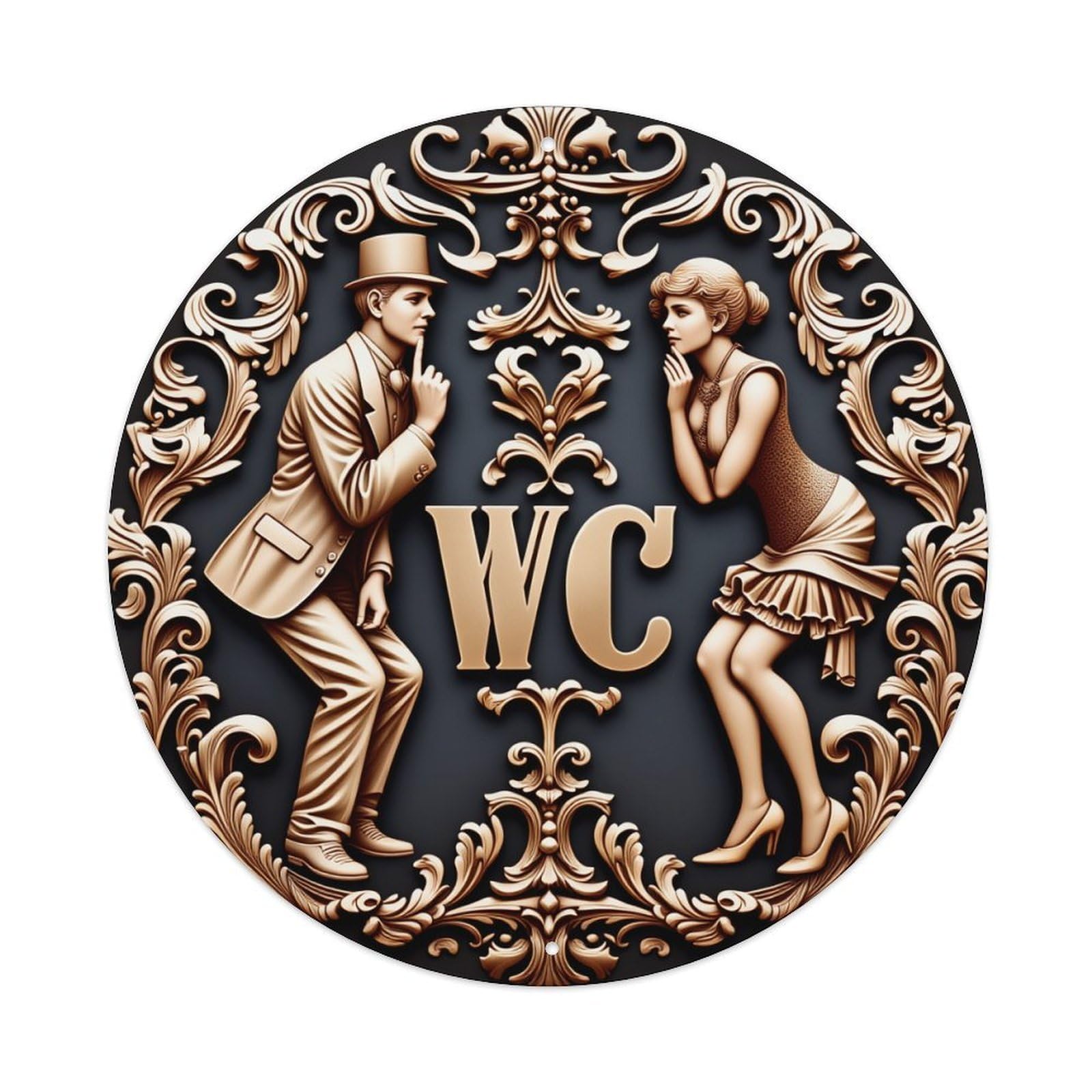 Ornate Relief Man Woman WC Round Tin Sign Vintage Metal Sign Home Bar Garden Indoor & Outdoor Wall Decor Retro Metal Poster 8x8 Inch