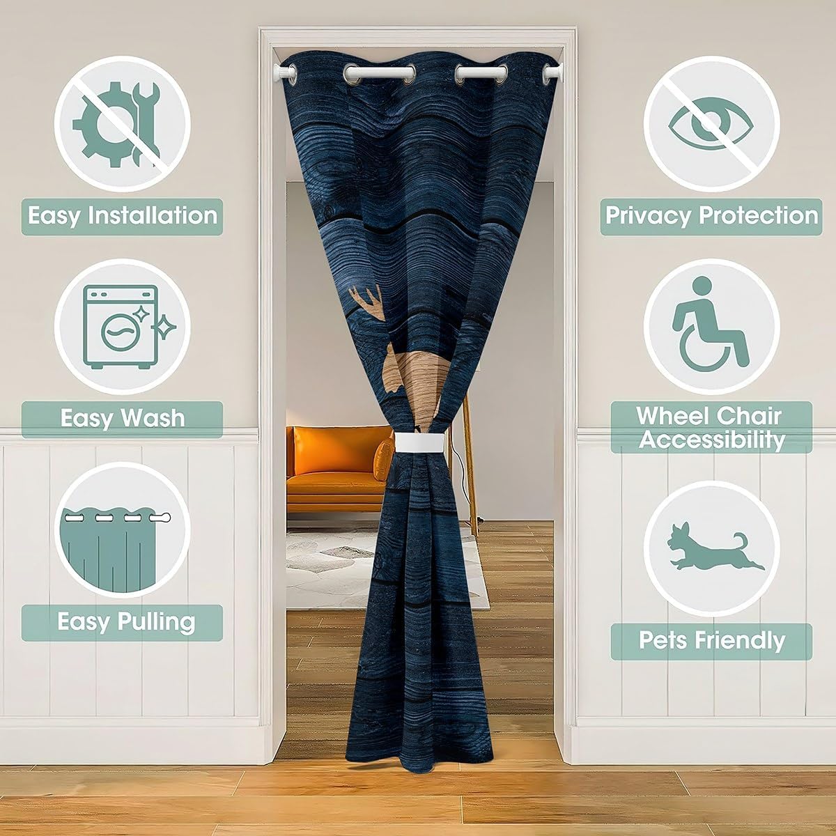 Moose Silhouette Doorway Curtain,1 Panel 42" W X 80" L,Retro Blue Patchwork Stripes Door Curtain for Clost Door,Trees Wild Birds Animal Decor Rustic 30%-50% Blackout Door Drape for Bedroom Privacy