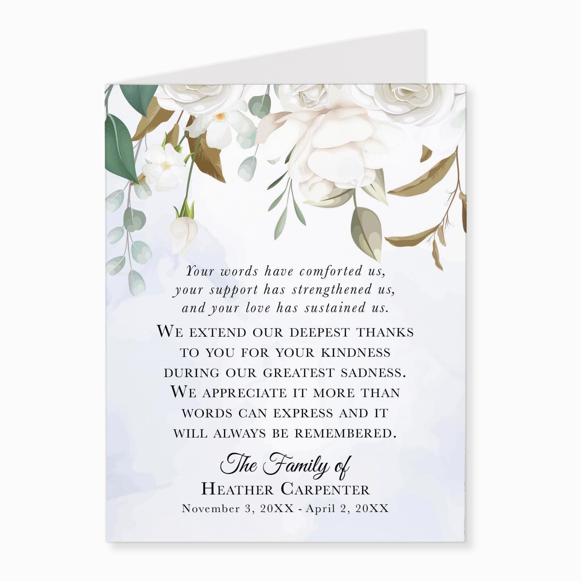 Hello Love Goods White Floral and Greenery Funeral Thank You Cards, Sympathy Acknowledgement Cards, 4.25x5.5 Flat Bereavement Notes with Envelopes (