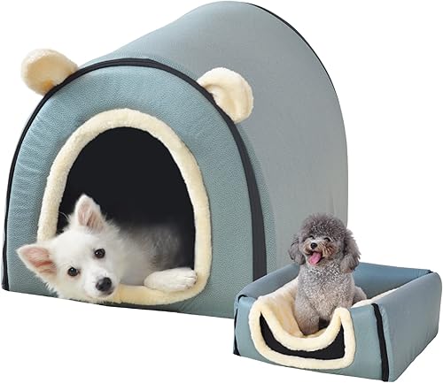 Cama para perro, 2 maneras de usar, casa para mascotas de interior con tapete esponjoso, funda extraíble y lavable, casa a prueba de salpicaduras y