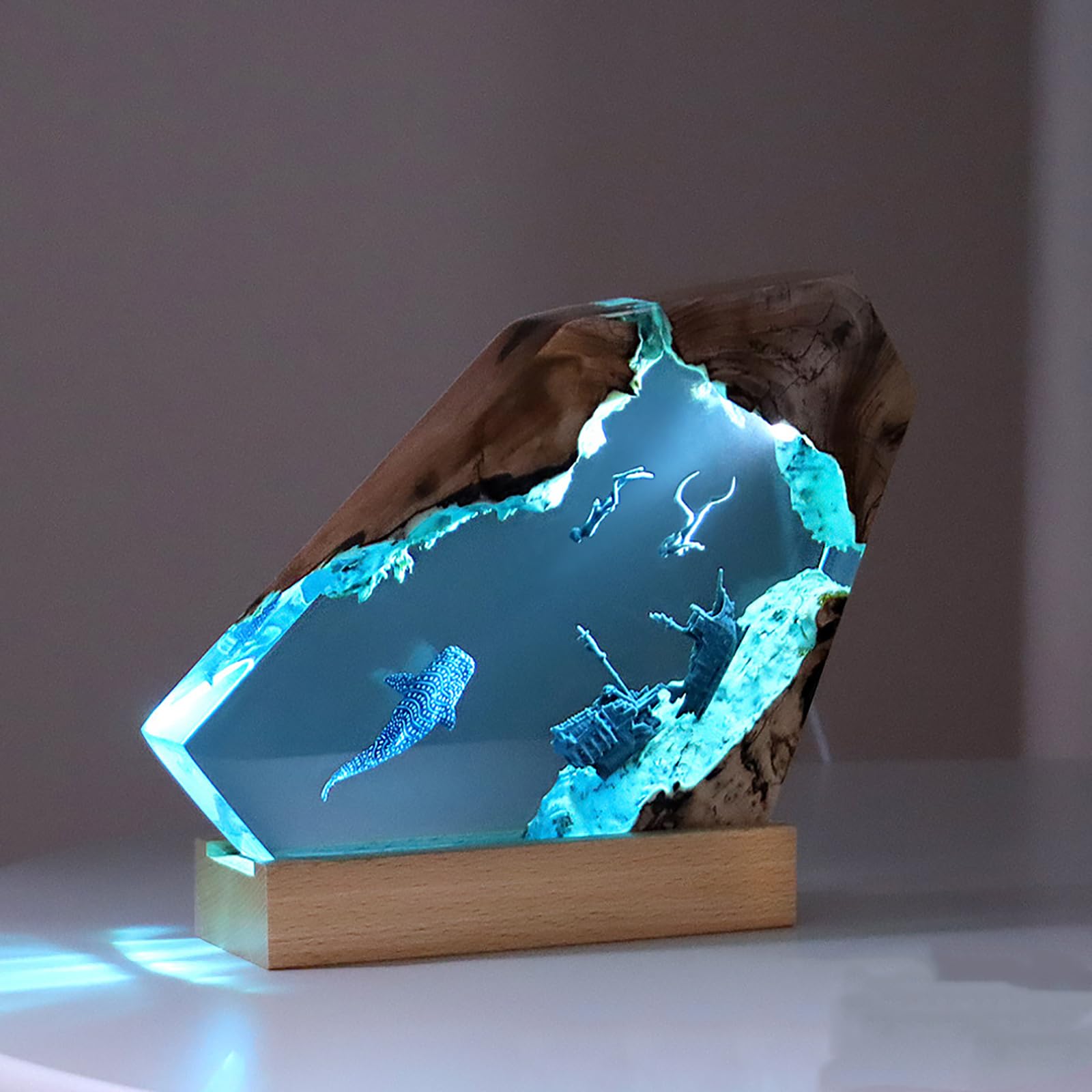 Nachttischlampe, Nachtlicht Taucherlampe aus Epoxidharz, LED-Leuchten für Große Taucher und Buckelwale, Nachttischlampe Schlafzimmerlampe mit USB-Kabel für Meeresliebhaber, Desktop-Kunst-Dekoration