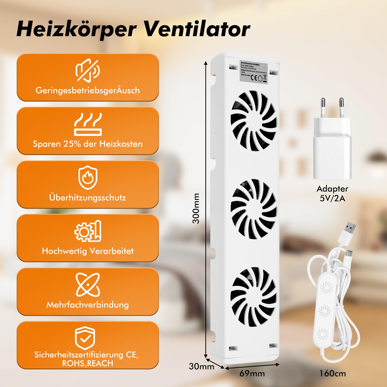 Heizkörper Ventilator mit Control Sensor, Smart Heizkörperventilator - Duo-Set (2X) - Bis zu 25% Energieeinsparung - Heizungsventilator Wärmepumpen-geeignet - Mehrere Geschwindigkeiten