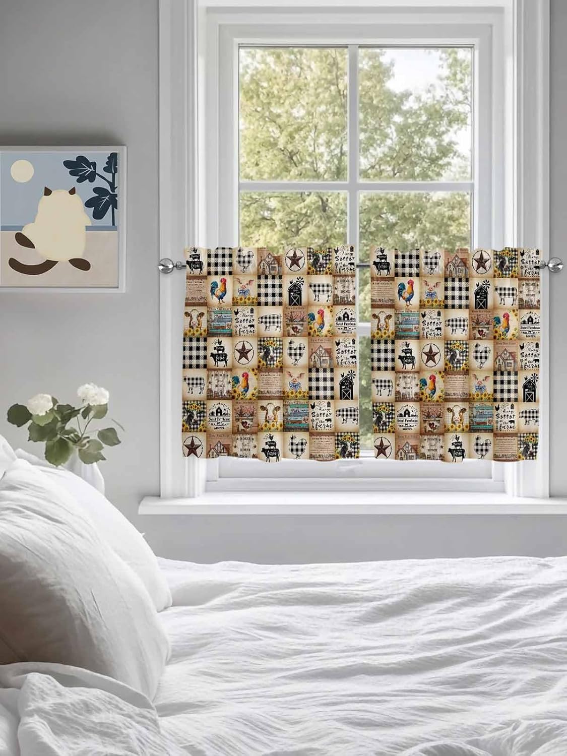 PIEPLE Tier Curtains 36 Inch Length for Kitchen Sink, Farmhouse Animals Rod Pocket Kitchen Curtain, Farm Country Cow Pig Rooster Plaid Short Half Window Curtain Panels Drapes 27.5" W x 36" L 2 Panels