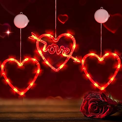 3 luces de ventana para el día de San Valentín, luces LED en forma de corazón rojo con ventosa y temporizador, funciona con pilas, luces colgantes