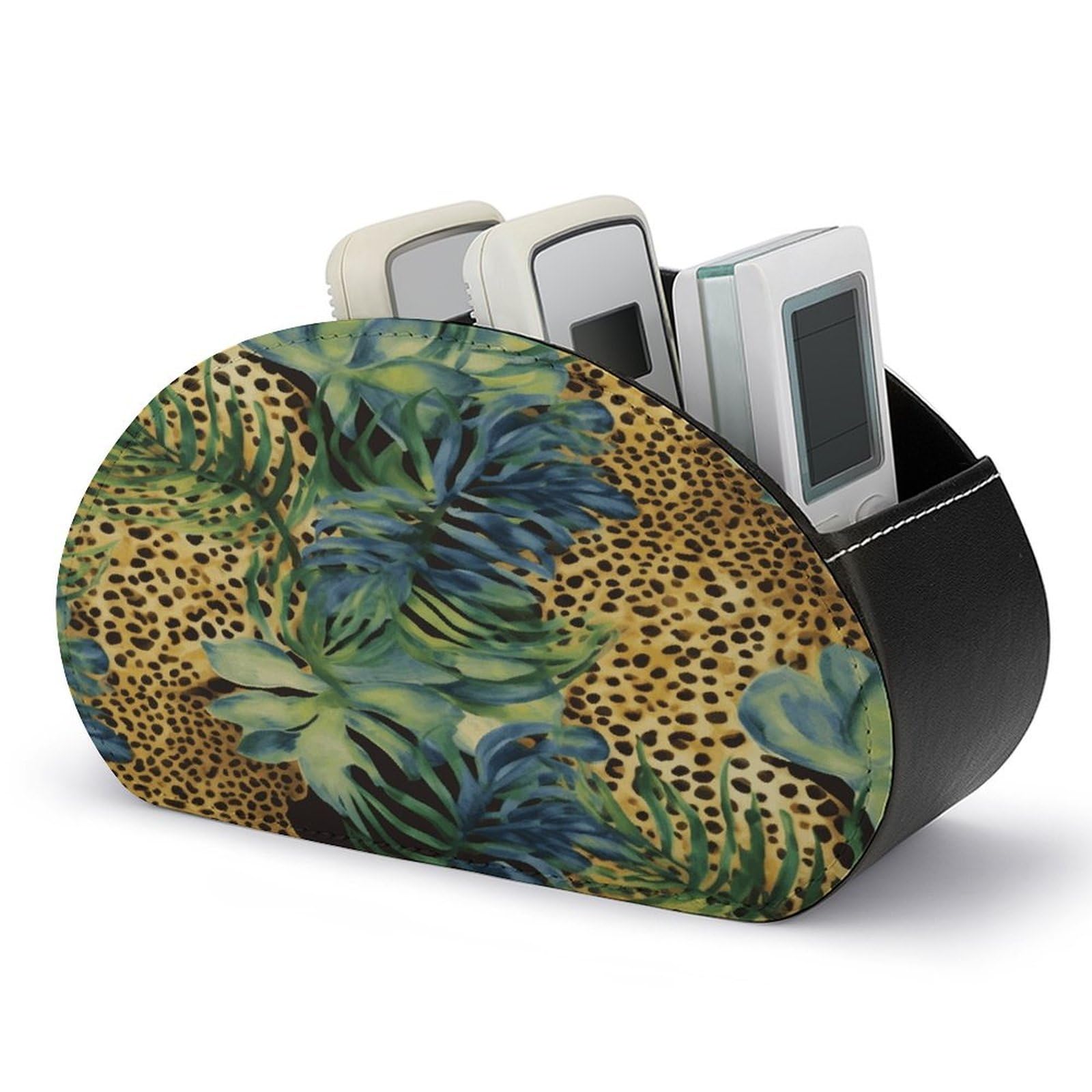 VstaDank Print Animal Leopard Print Jungle Remote Control Holder Farmhouse TV Media Remote Storage Box with 5 Compartments PU Leather Remote Caddy Desktop Organizer for Home Bedside Table Organizer