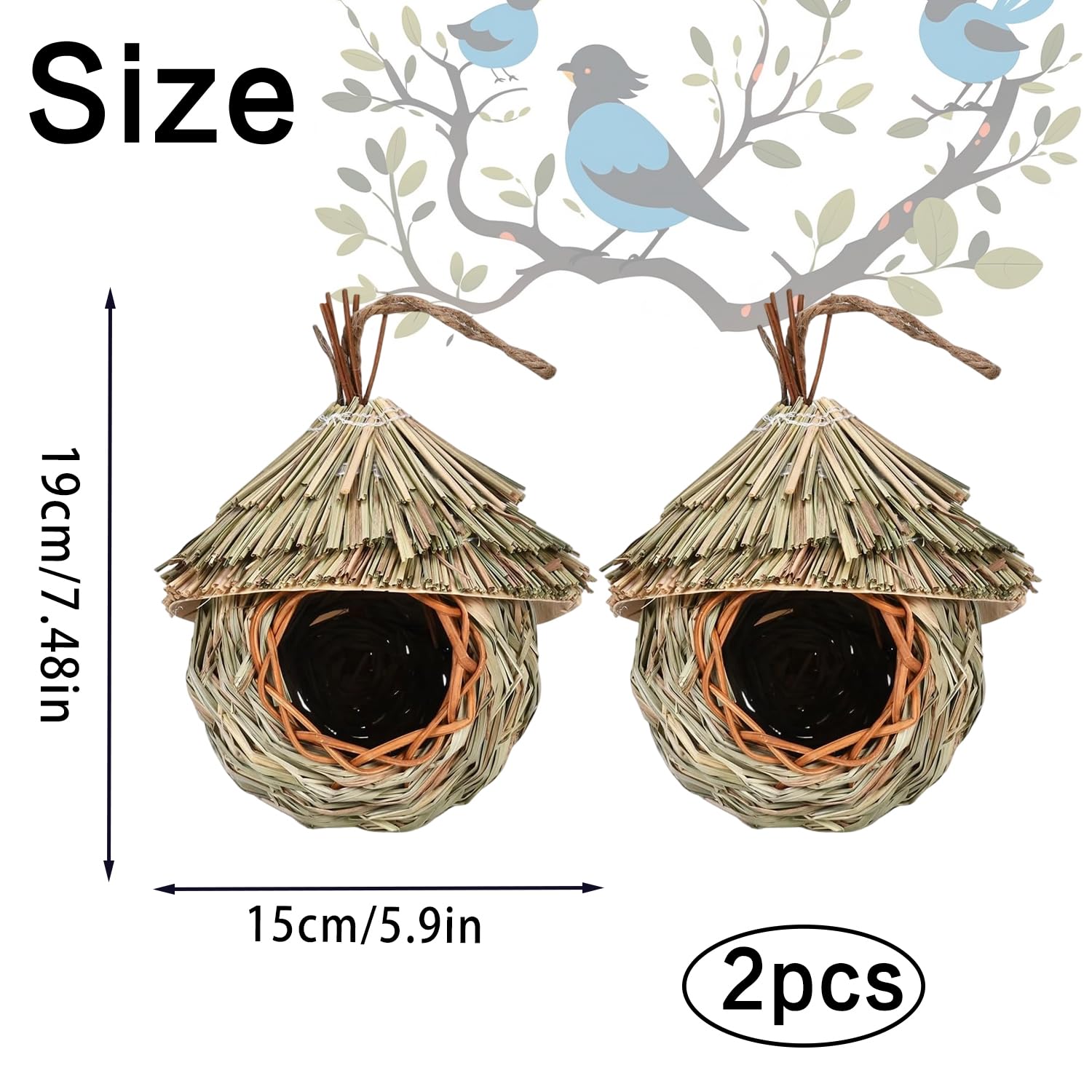 2 Stück Nistkästen, Vogelnest, Handgewebte Vogelhäuser, Vogelhäus zum Aufhängen, Gras Bird Nest für Wellensittich Meise, Hummingbird, Amsel, Kanarienvogel, Rotkehlchen und Zaunkönig