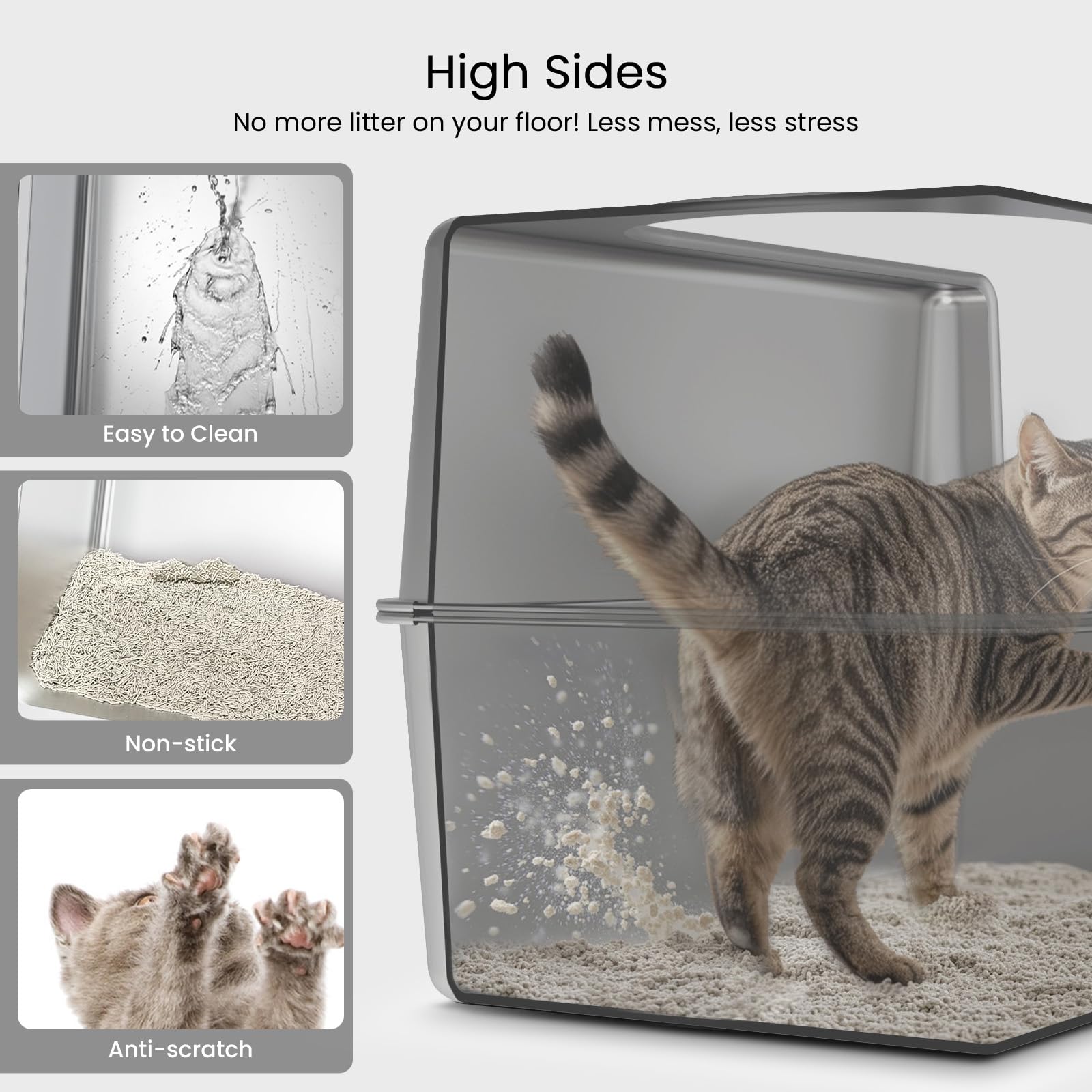 Enclosed Stainless Steel Cat Litter Box with Lid, Metal Litter Box for Big Cats, Extra Large Cat Toilet with High Side, Non-Stick, Anti-Leakage, Odorless, with Cats Litter Mat & Litter Scoop - image 4