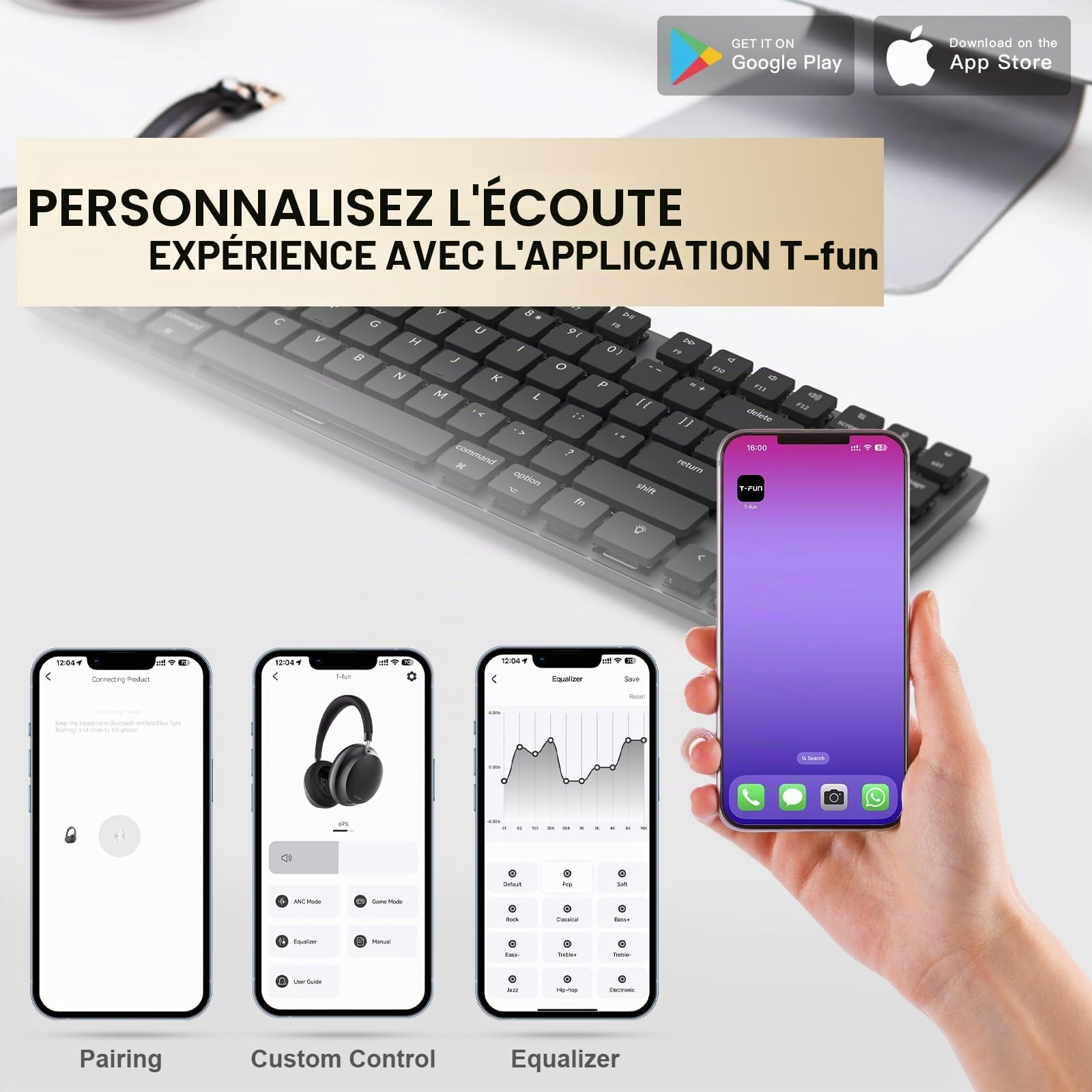 T-fun NC45 Casque sans Fil à Réduction de Bruit Active,Faible Latence, Bluetooth 5.3,égaliseur Personnalisé Via Application, 55 Heures pour Les Voyages/Le Travail