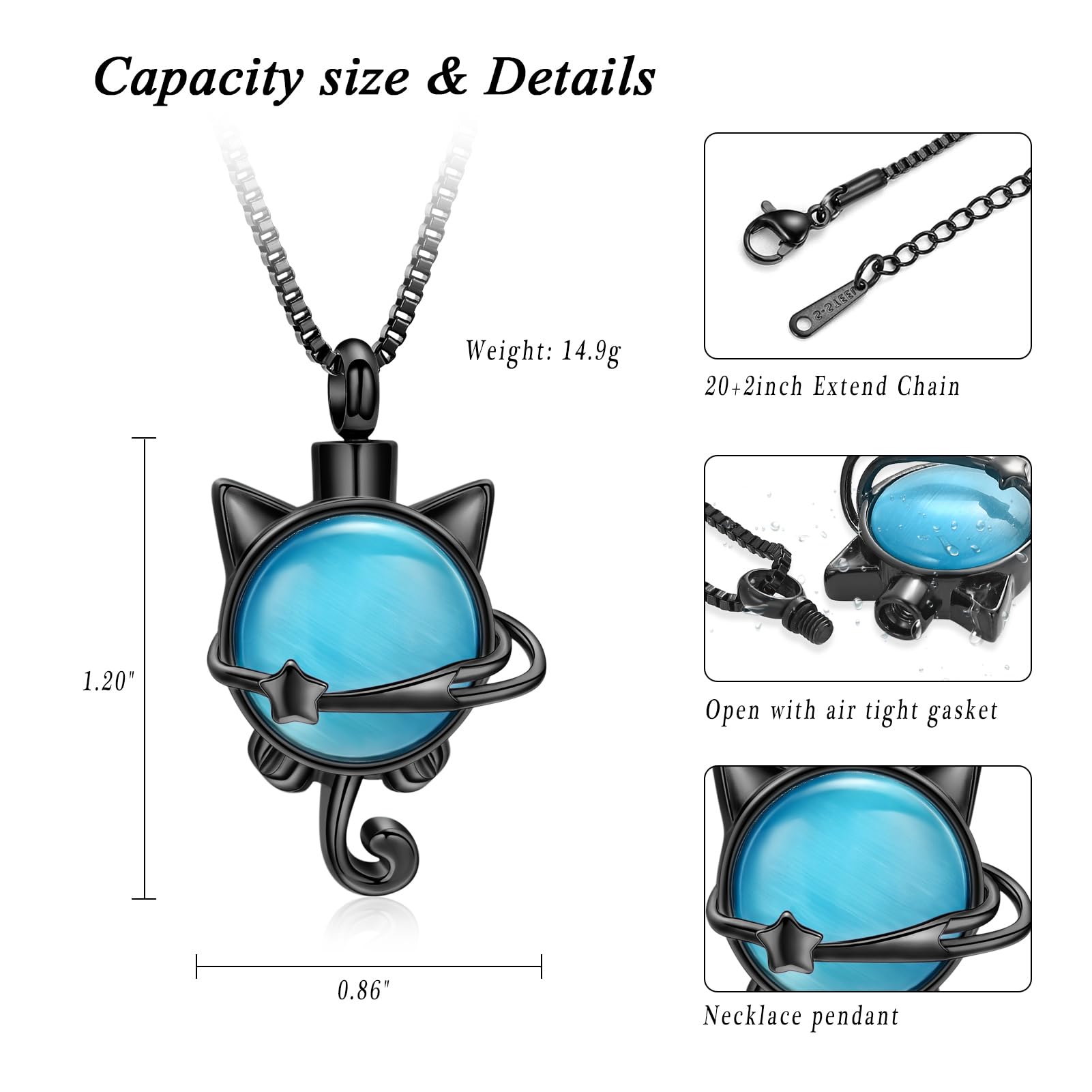 XSMZB Pet Cremation Ashes Jewelry Moonstone Cat Urn Necklace for Ashes for Women Men Lovely Cat Memorial Urn Locket Keepsake Pendant Gift(Black)