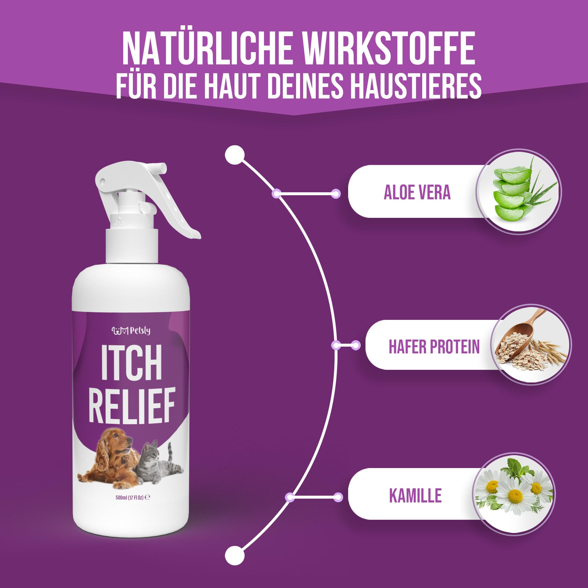 Petsly Anti Juckreiz Spray für Hunde & Katzen 500ml - Sofortige Linderung bei juckender Haut, Grasmilben & Hautreizungen - Mit beruhigender Aloe Vera für empfindliche Tierhaut