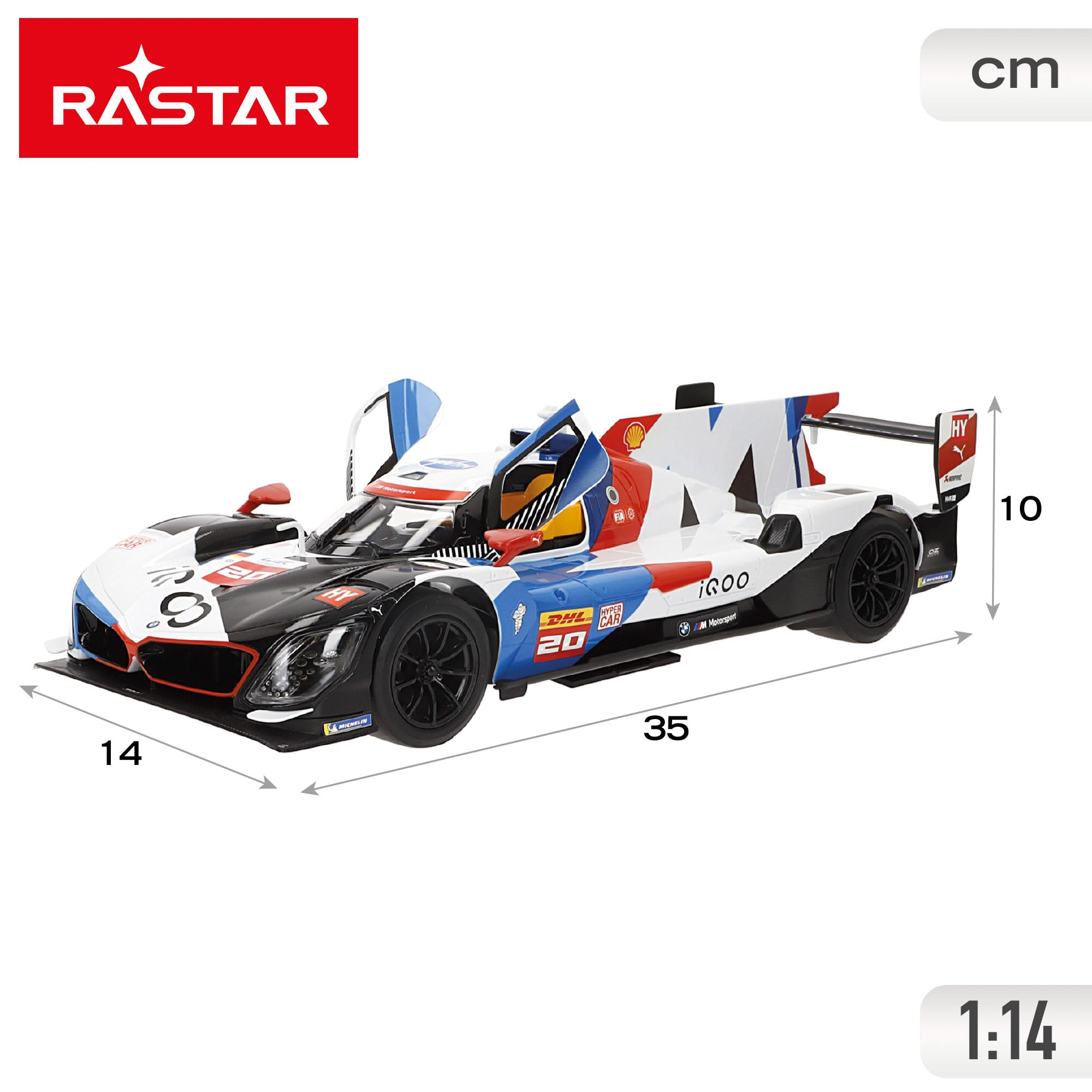 ColorBaby Rastar Samochód zdalnie sterowany BMW M Hybrid V8, skala 1:14, światła przednie, pilot zdalnego sterowania, otwieranie drzwi, podwójna prędkość 7-11 km/h, 2,4 GHz, oficjalny projekt (41325)
