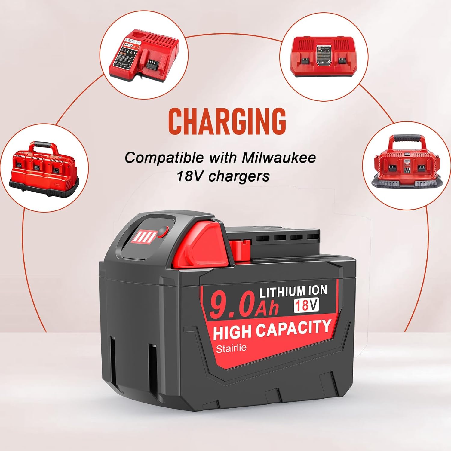 Stairlie 9.0Ah 18V Battery Replacement for Milwaukee WK1890 Mk-18 Tools, Compatible with 48-11-1840, 48-11-1828, 48-11-1820, 48-11-1815, 48-11-1850, 48-11-1890, 2646-22CT Cordless Power Tools - Image 4