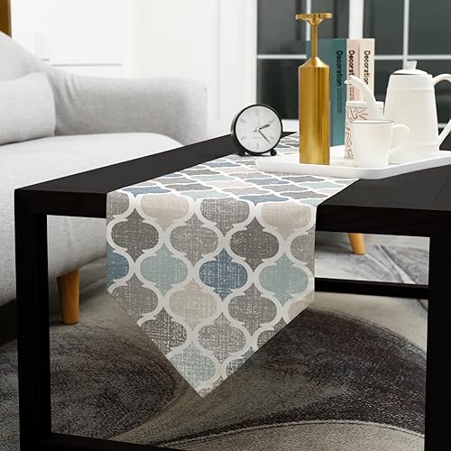 Miniatura 5 de Camino de mesa Marruecos de 36 pulgadas de lino y algodón, diseño geométrico marroquí a cuadros azul y gris, decoración de mesa de granja, bufandas