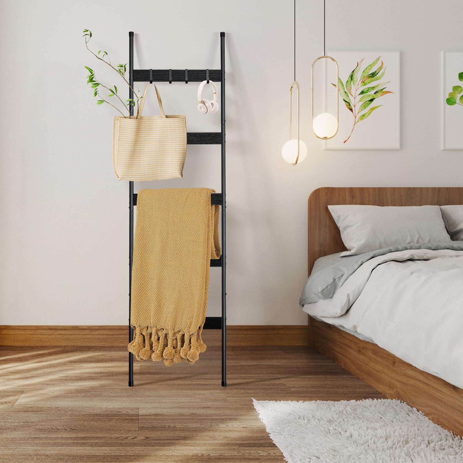 Escalera para manta para sala de estar, soporte de edredón de 5 niveles con 4 ganchos extraíbles para baño, estante de toallas de madera, soporte decorativo inclinado para anclaje de pared para 3