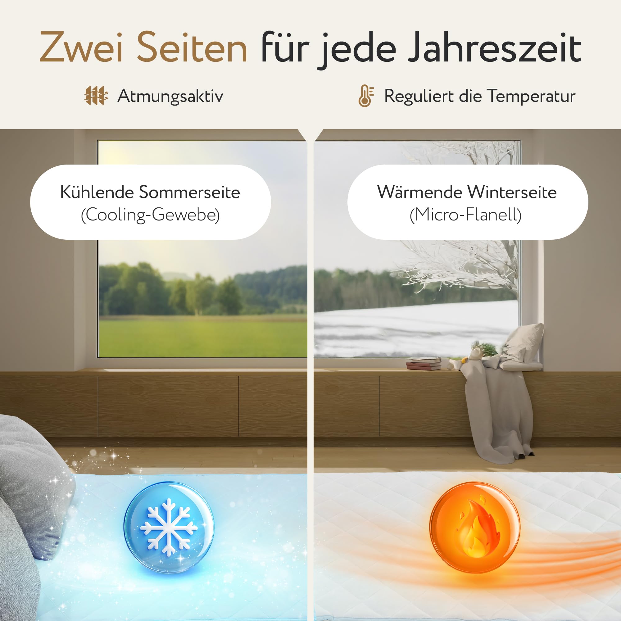 Herlag Matratzenauflage 180x200cm - 2-in-1 Wendeauflage mit Sommer- & Winterseite - Ganzjähriger Matratzenschoner - Cooling-Gewebe & Micro-Flanell - Waschbar & Trocknergeeignet - Öko Tex 100