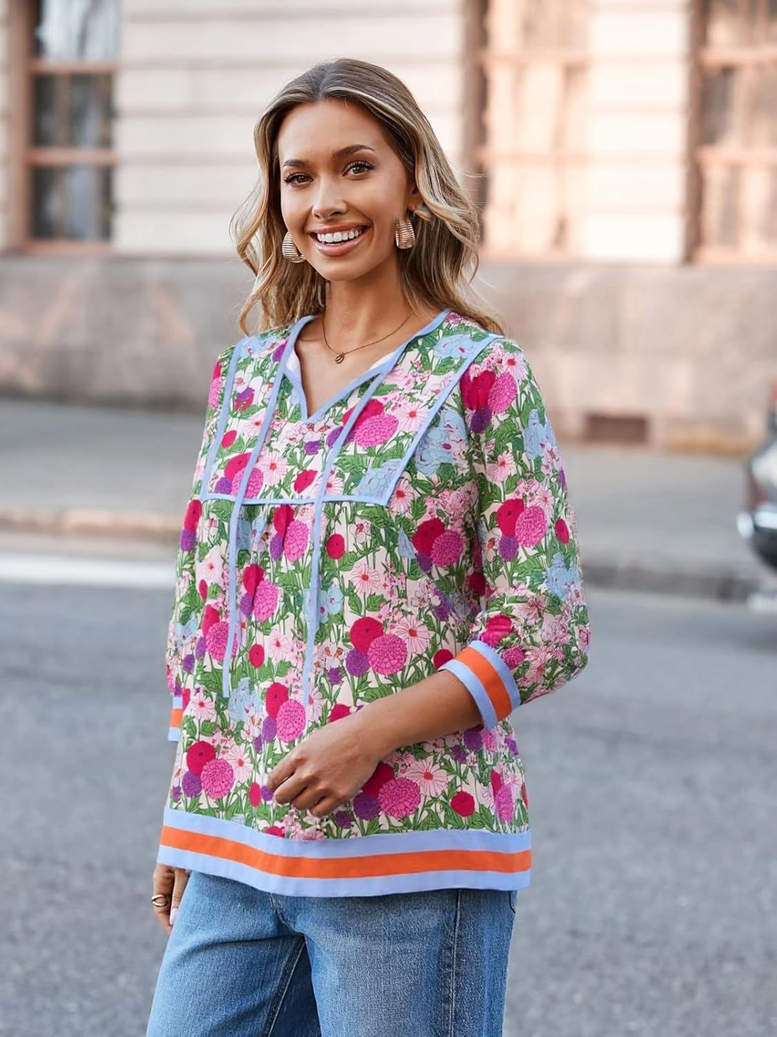 Cicy Bell Womens Floral Print Babydoll Blouse V Neck 3/4 Sleeve Peplum Tops Casual Loose Fit Boho Flowy Shirts - Image 3