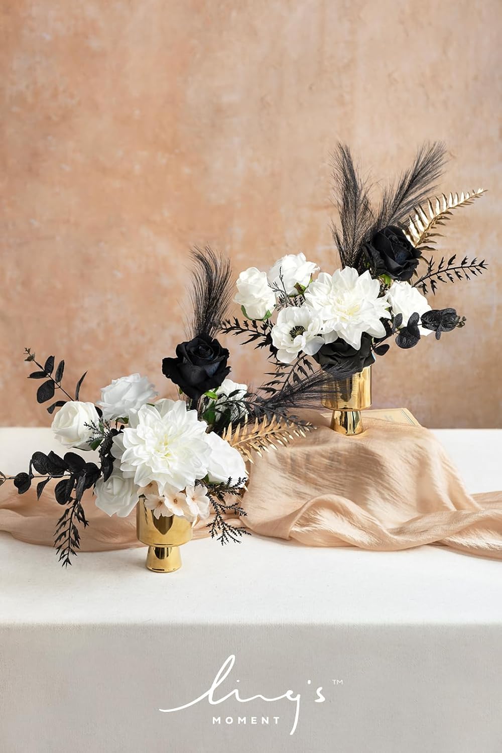 Ling's moment Fake Flowers Box, Faux Artificial Greenery Stems Foam Roses Silk Dahlia Hydrangea Eucalyptus Fabic Flower for Centerpieces Bouquet Wedding Vase, White & Black & Golden, Deluxe Combo