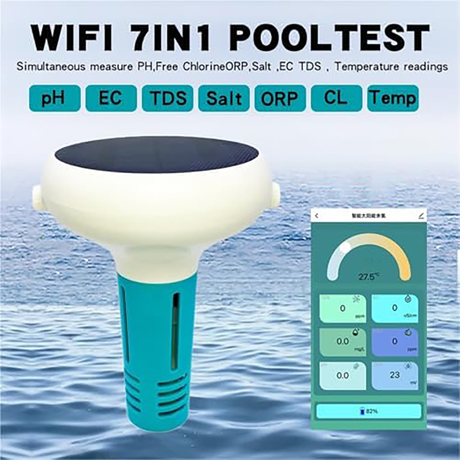 Smart Pool Water Tester 7 en 1, monitoreo inalámbrico Bluetooth en tiempo real, pH, EC, TDS, cloro, sal, análisis de temperatura, funciona con energía solar, diseño flotante