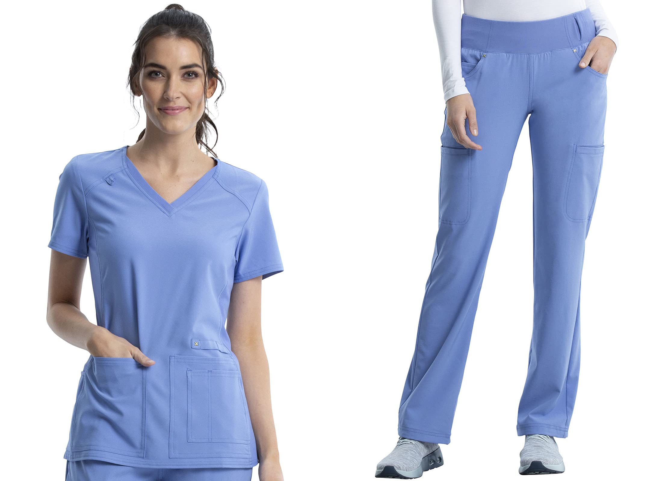 Cherokee Women's Scrub Set Contemporary Fit, Mid Rise, 6 Pocket Straight Leg Pant CK002 and 4 Pocket V-Neck Top CK605