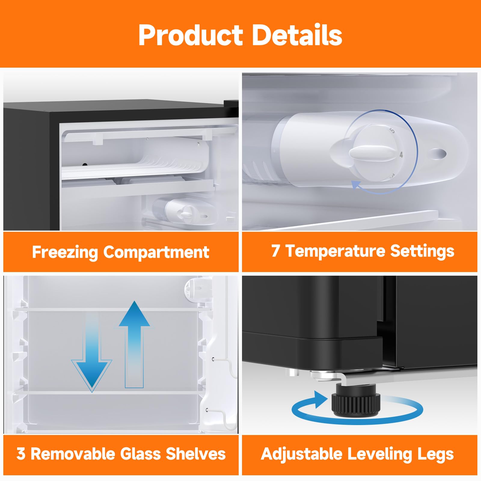 Goyrrbay 4.3 Cu.Ft Mini Fridge With Freezer, Single Door Mini Refrigerator W/Adjustable Thermostat, 3 Removeble Shelves And Reversible Door, Compact Fridge For Apartment, Bedroom, Office, Dorm, Black on Fridge.com - View 6