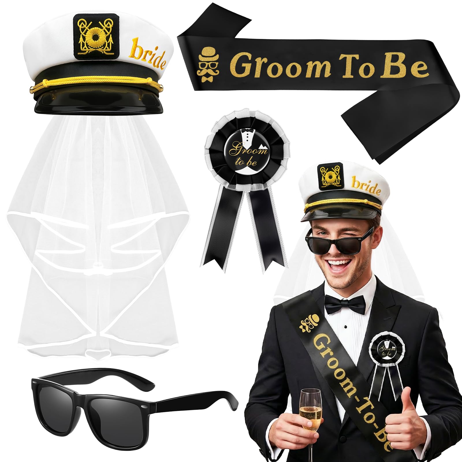 Kyndara 4Pcs Stag Do Accessories Set for Men, Groom To Be Bachelor Party Costume Kit with Hat Glasses Sash Boutonniere for Wedding Shower Pre-Wedding Celebrations