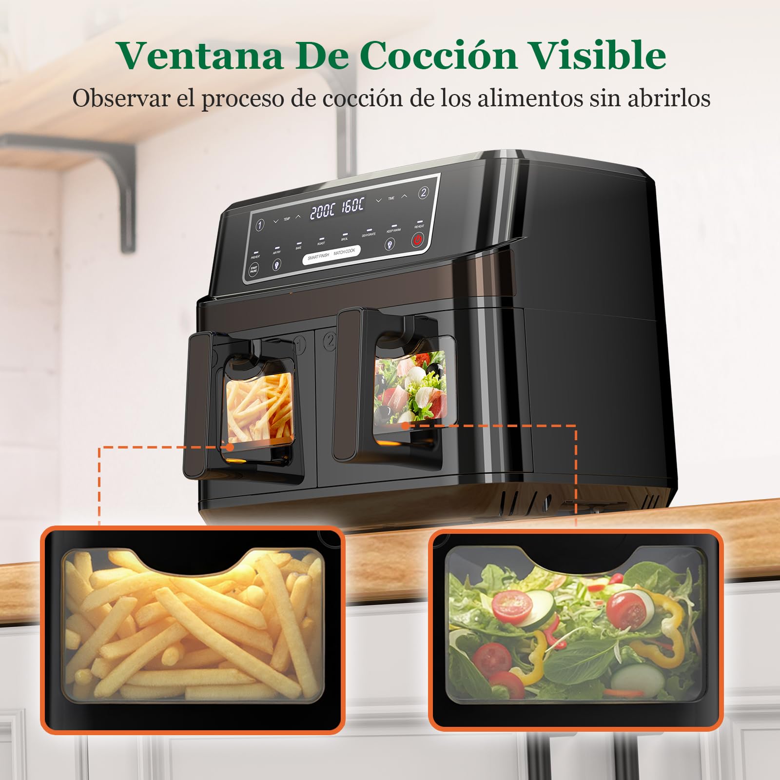 Freidora de Aire Doble Zona | 10L Freidora Aire Control Independiente Temperatura, 8-en-1 Freidora Sin Aceite con Ventana Observación Control Táctil máx 200℃, Air Fryer Grande 2600W Luz Incorporada