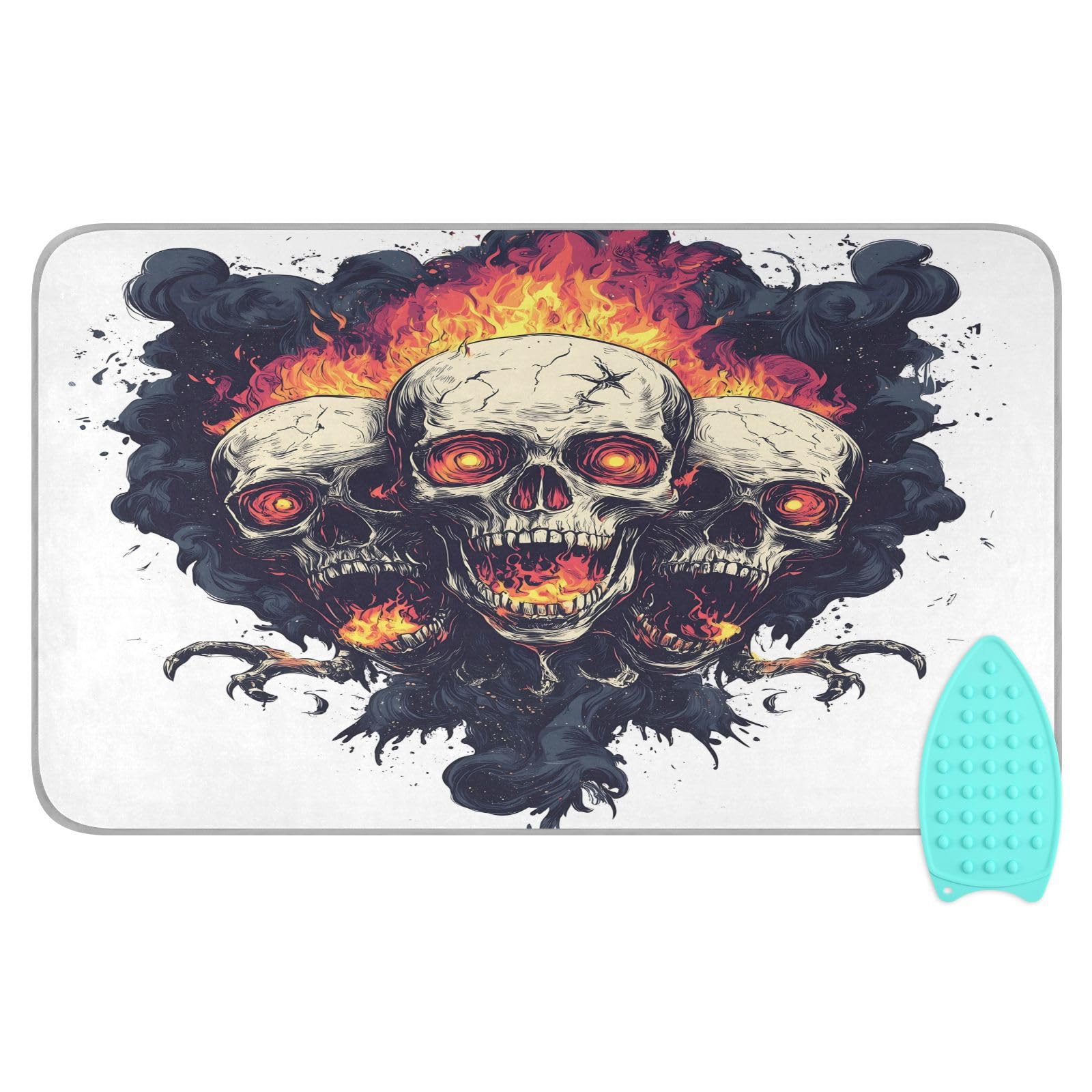 pnyoin Portable Ironing Mat Skulls in Flames Travel Ironing Pad with Silicone Iron Rest for Steam Pressing on Tabletop or Bed Heat Resistant Portable Quilting & Travel Blanket