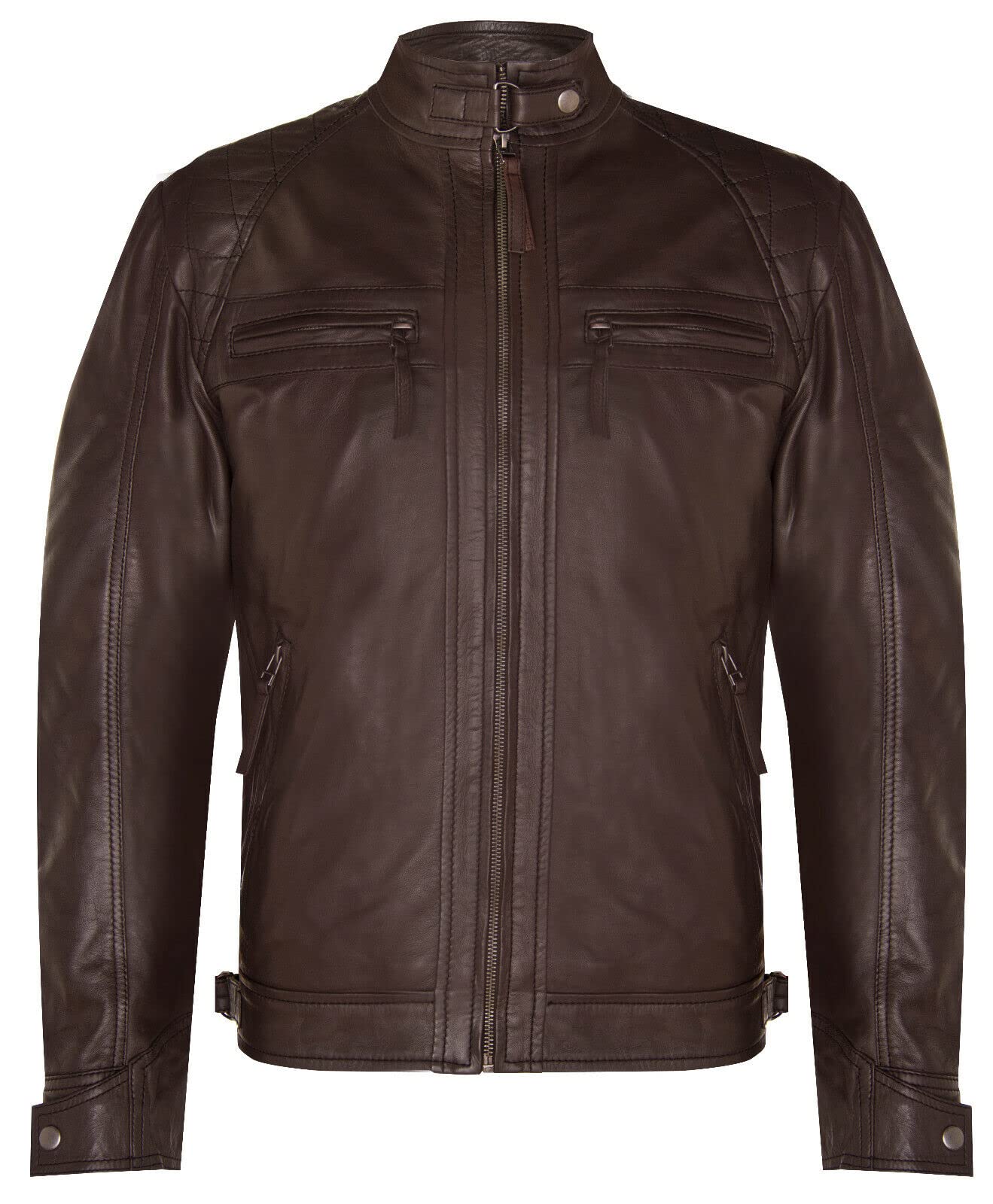 Men's Vintage Coco Brown Leather Retro Jacket Classic Racing Quilted Biker Moto Fashion Jacket 2XL