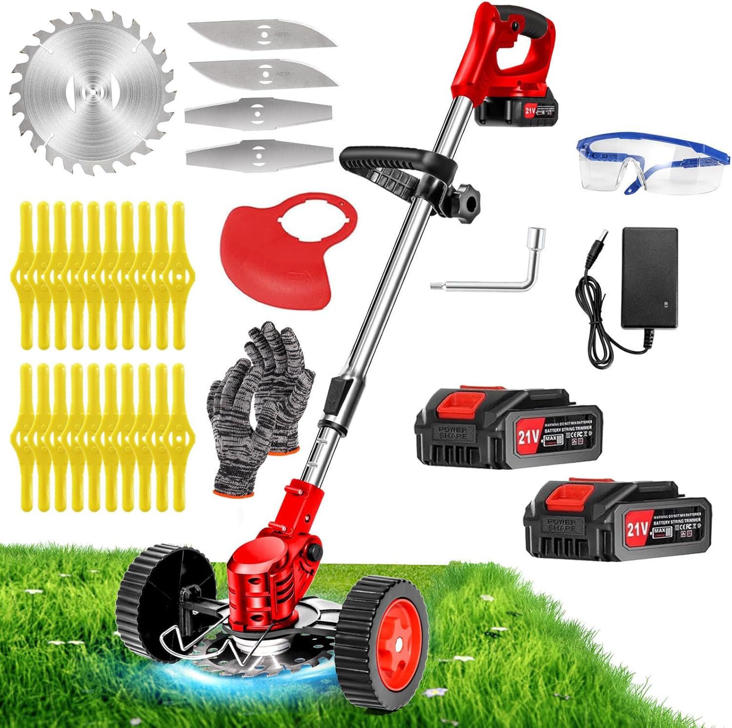 Cordless Weed Wacker Electric Grass Trimmer 21V Battery Powered Weed Trimmer, 3-in-1 Brush Cutter Weed Cutter Lawn Edger with 3 Types Blade & Wheels Lightweight for Garden and Yard Lawn